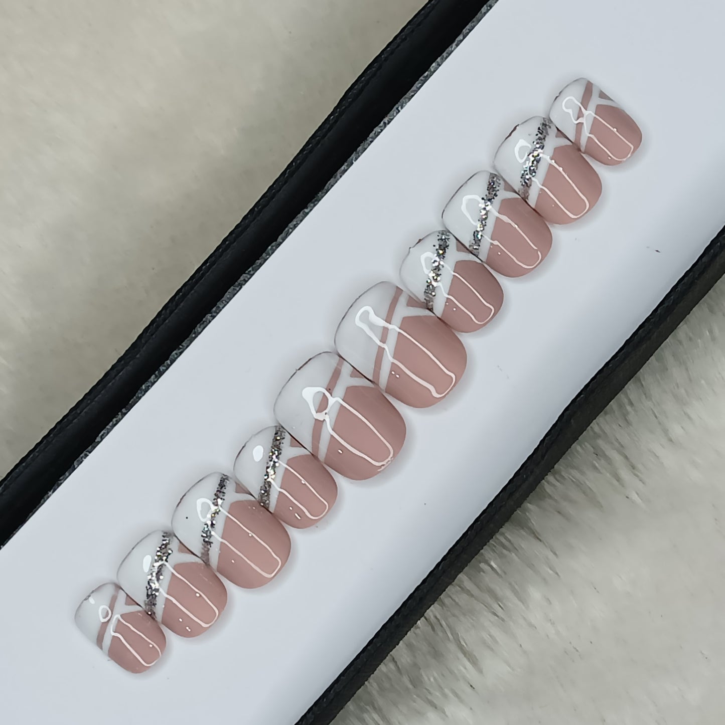 Glossy Nude Glitter Side French Press on Nails Set //995