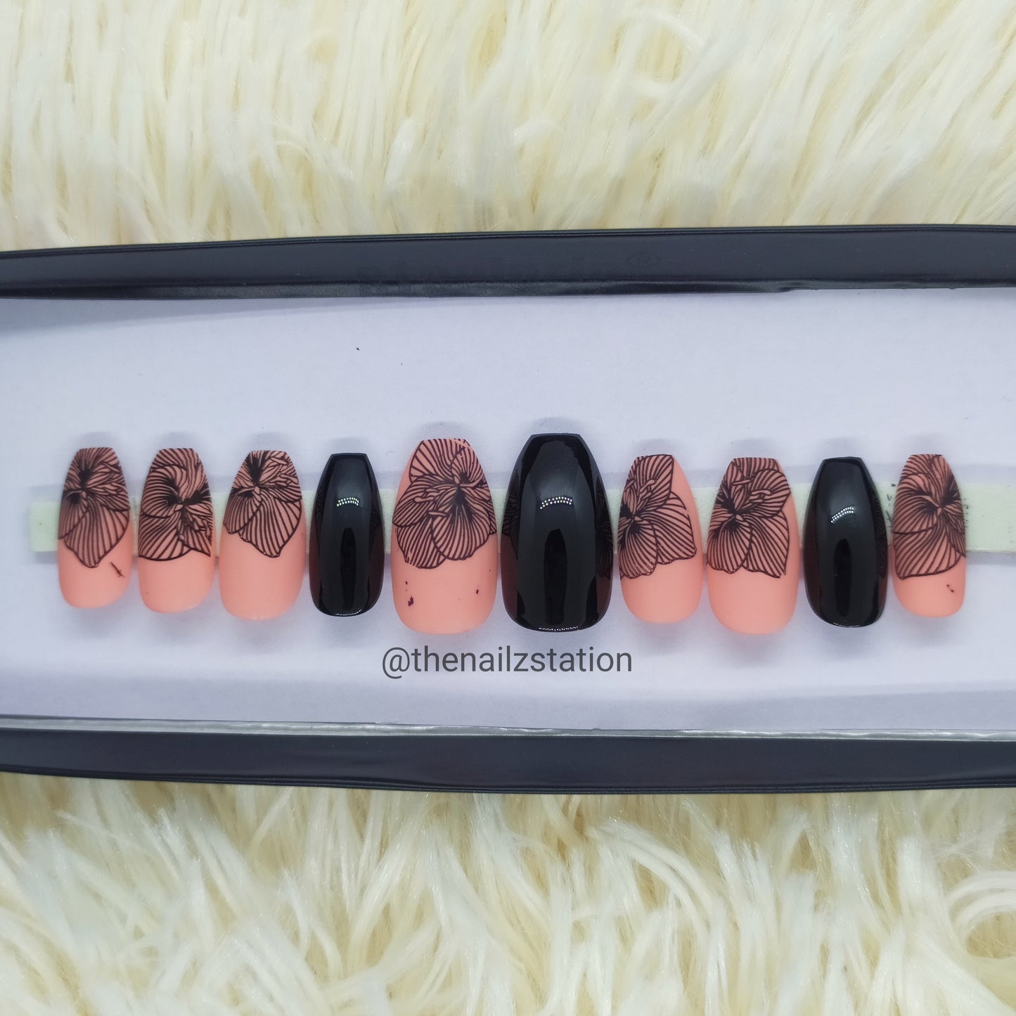 Light Pink and Black Floral Print Press on Nails // 131