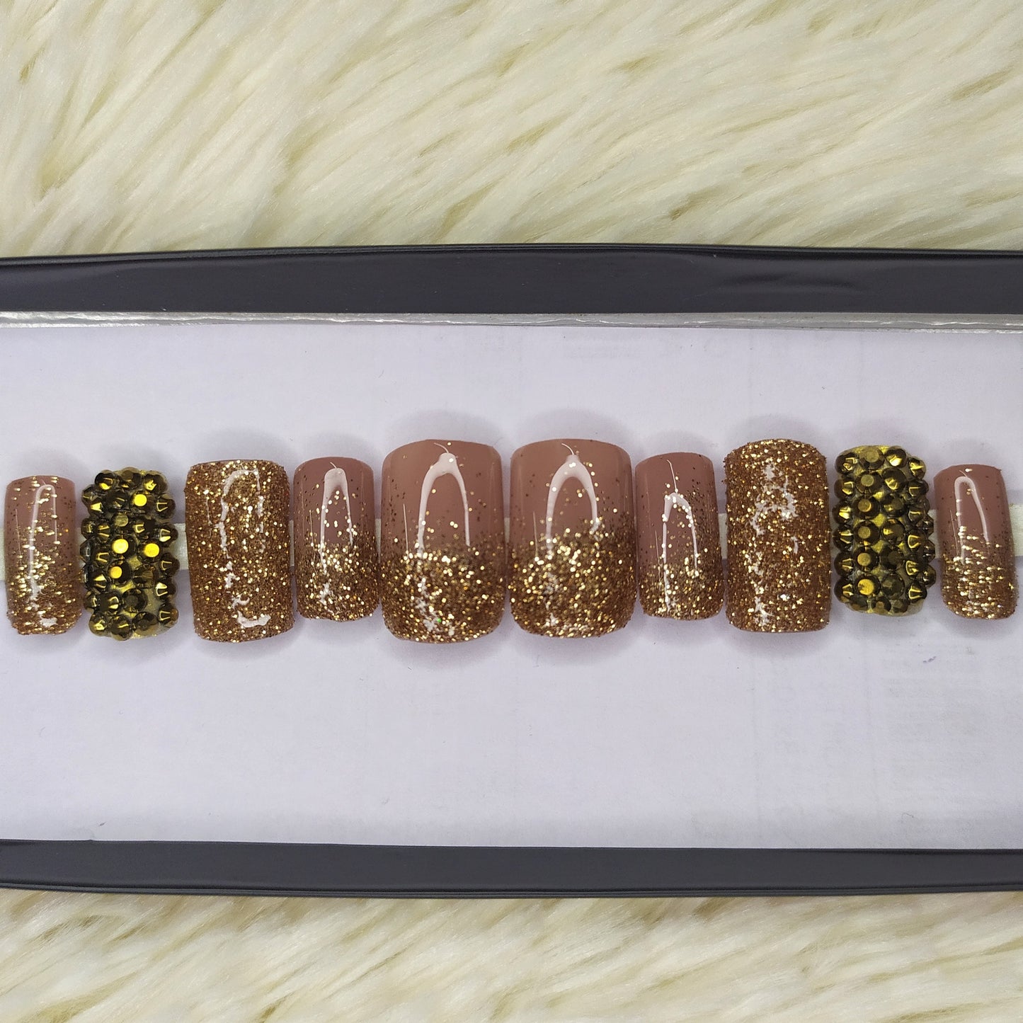 Glossy Nude with Glitter and Rhinestones Press on Nails Set // 234