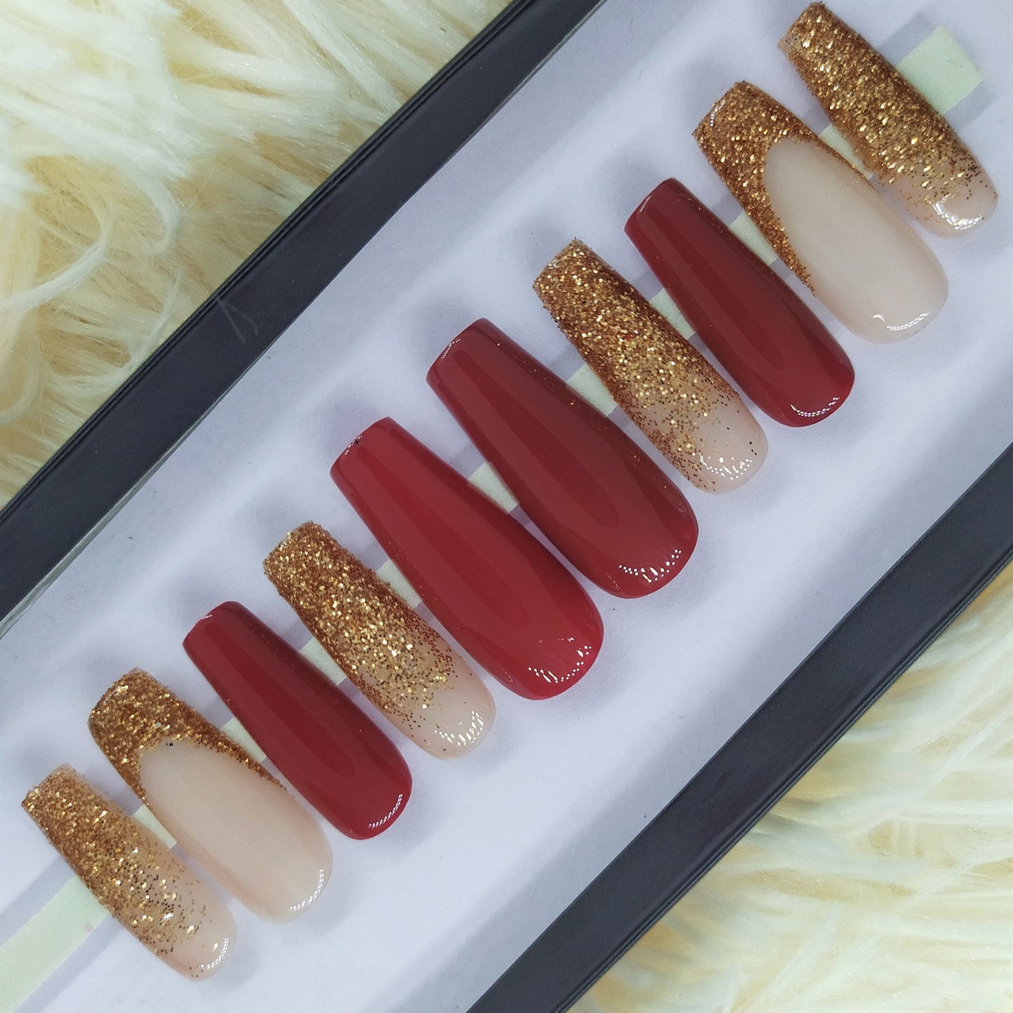 Glossy Maroon with French Glitter Press on Nails Set // 156