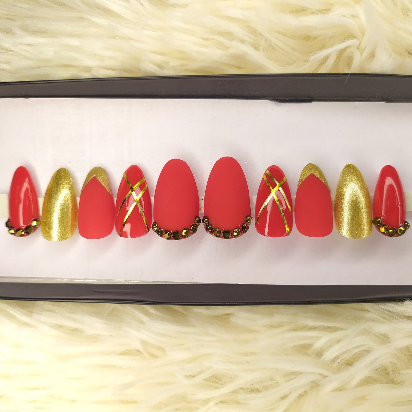 Red Matte Golden Embellished Press on Nails Set // 157