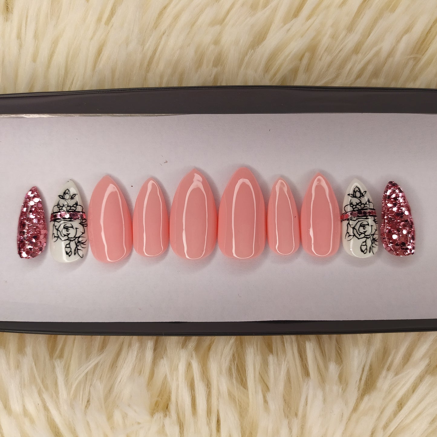 Glossy Light Pink Glitter Printed Press on Nails Set //169