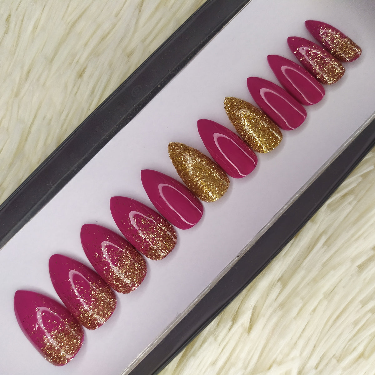 Dark Pink Ombre Glitter Accent Press on Nails Set // 213