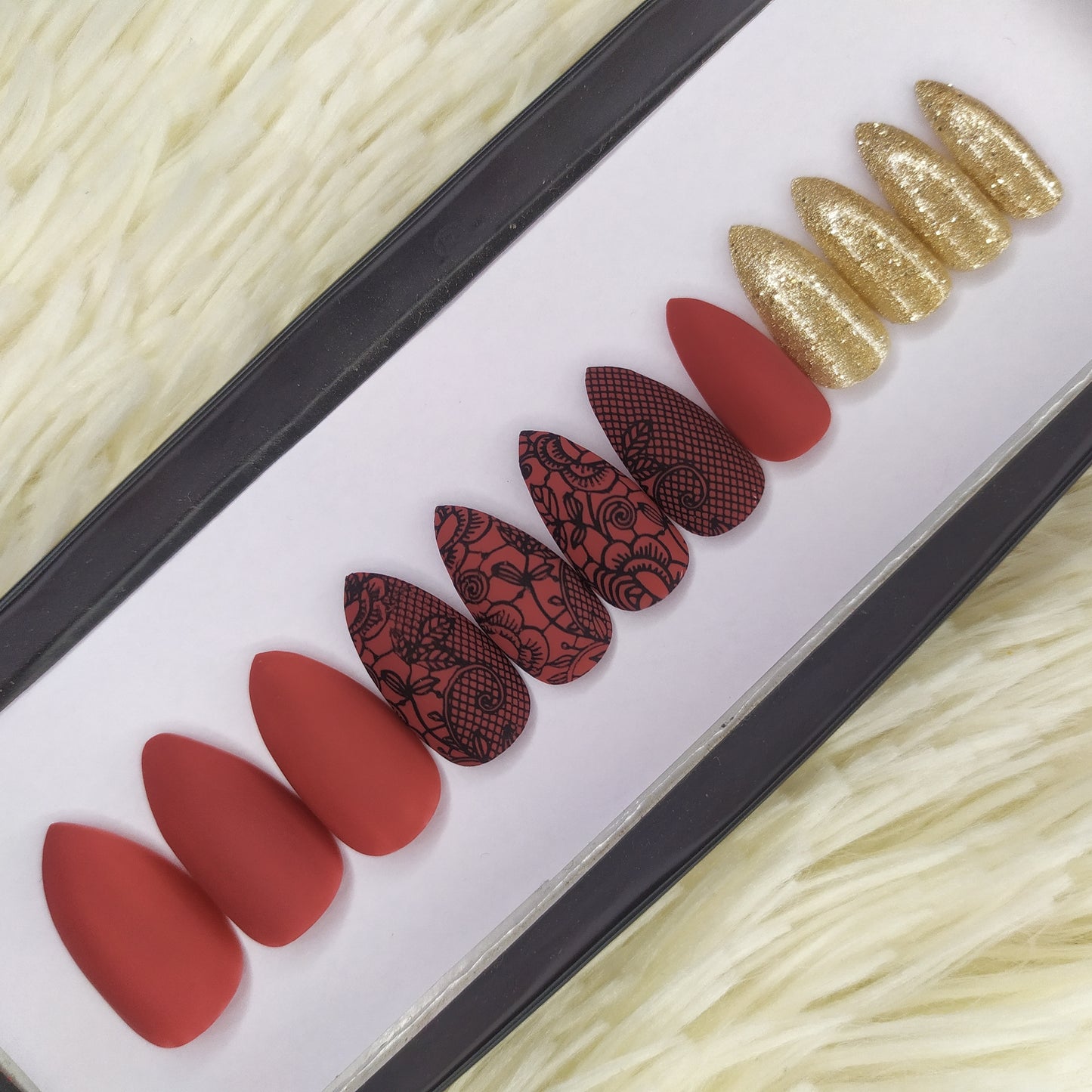 Matte Red Printed with Glitter Accent Press on Nails Set // 211