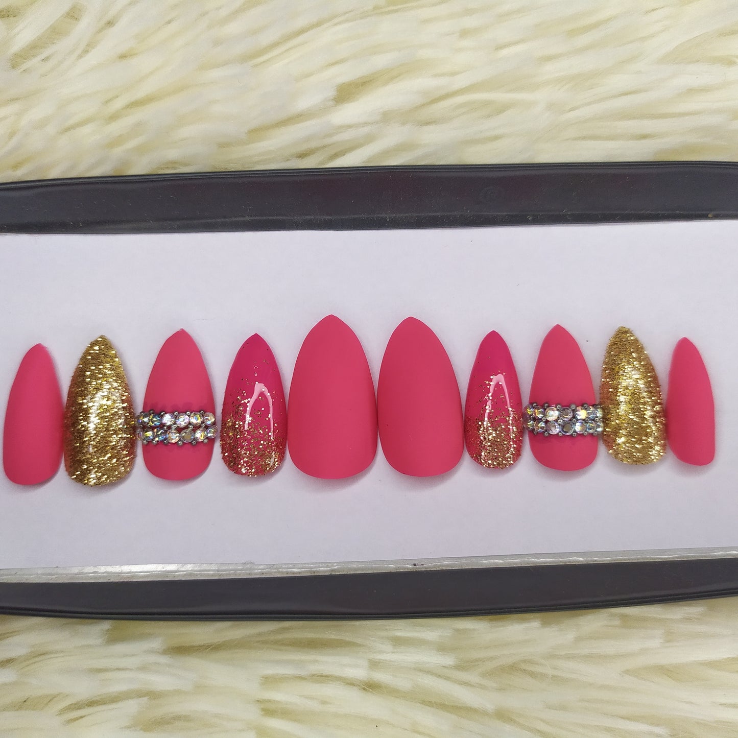 Matte Pink with Rhinestones and glitter Press on Nails Set//207