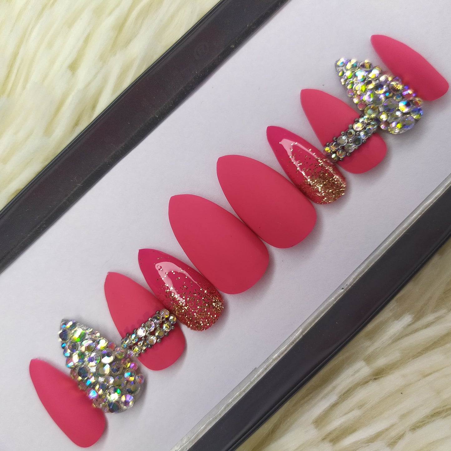 Matte Pink with Rhinestones and glitter ombre Press on Nails Set// 240