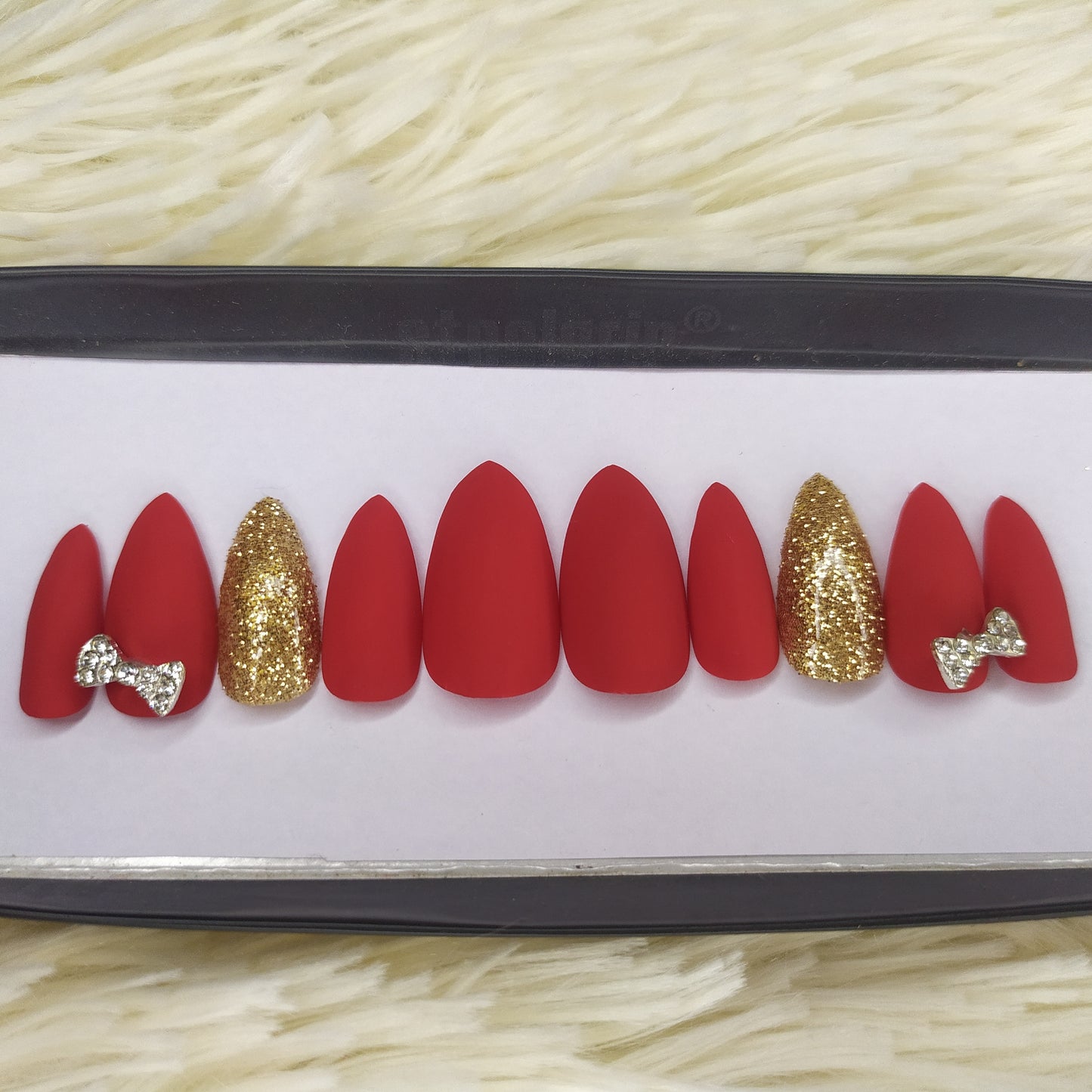 Matte Red with Glitter and 3D Bow Press on Nails Set // 205