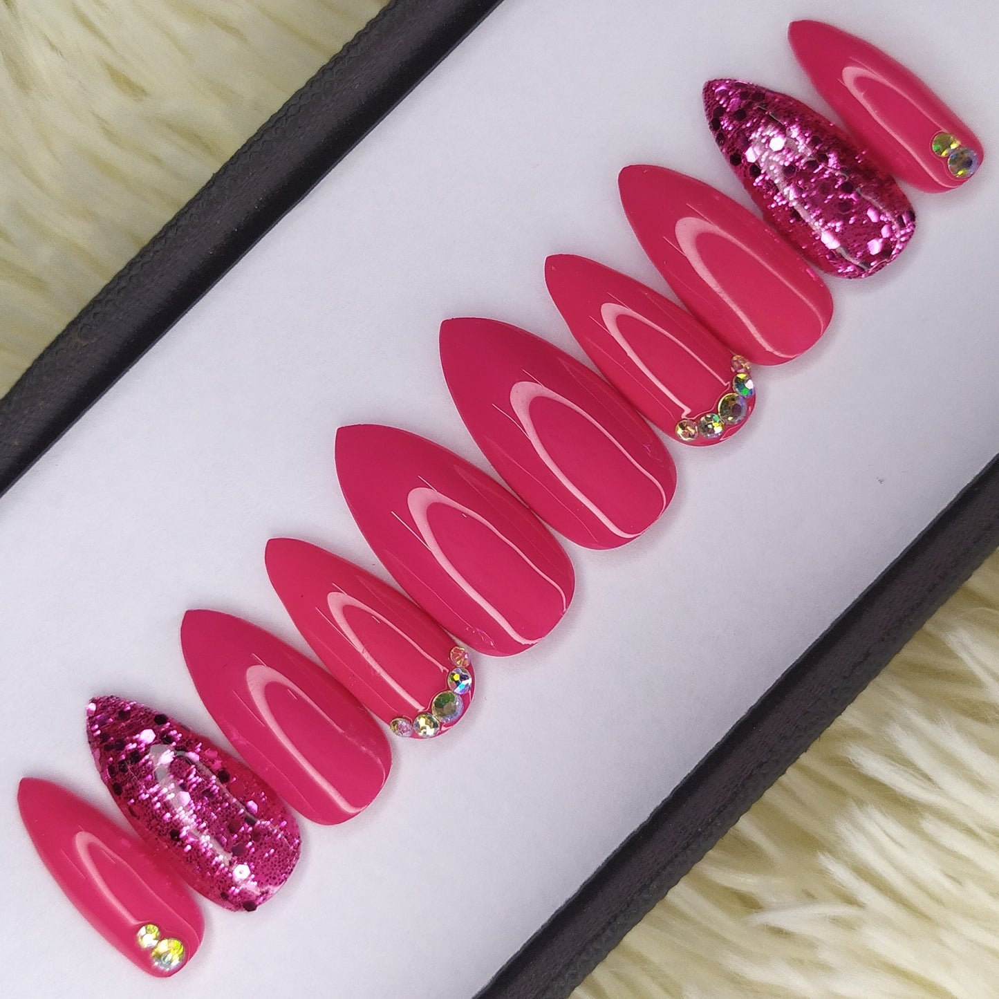 Pink Glossy with Glitter and Rhinestones Press on Nails Set // 236