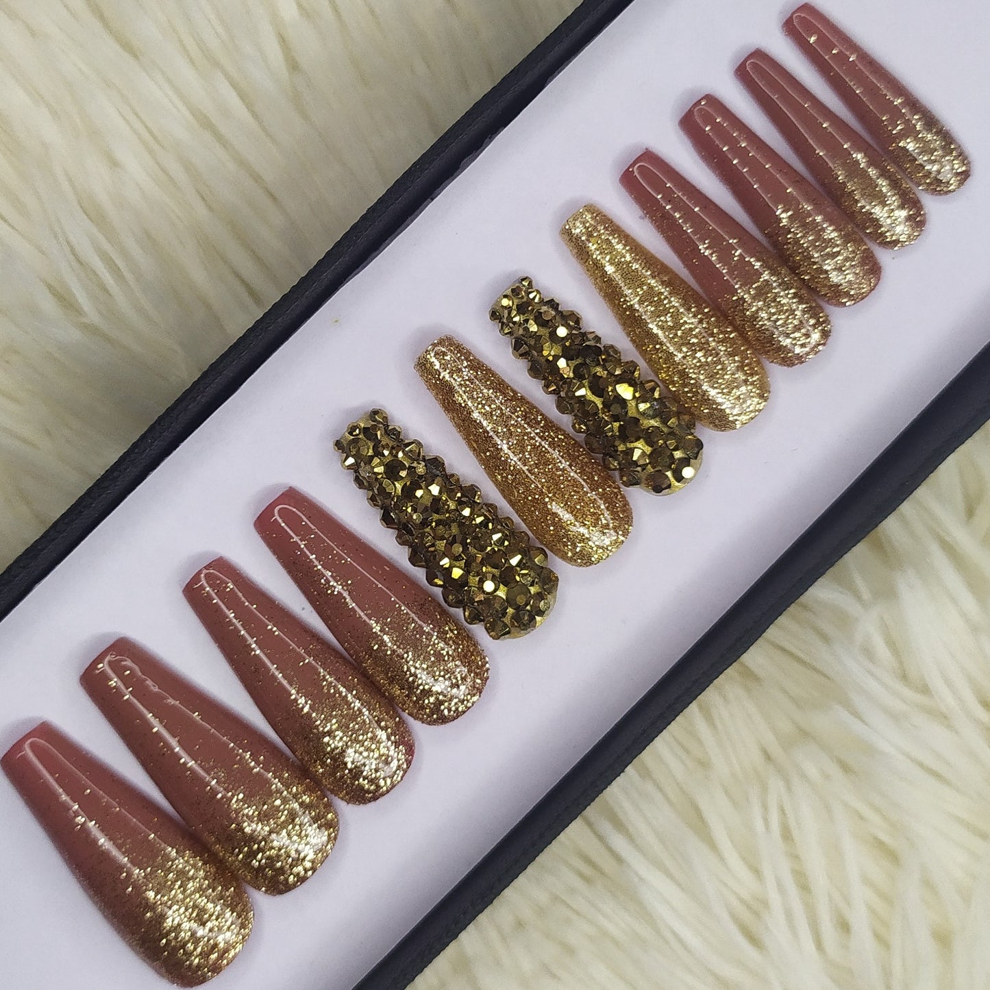 Glossy Pink with Glitter and Rhinestones Press on Nails Set // 248