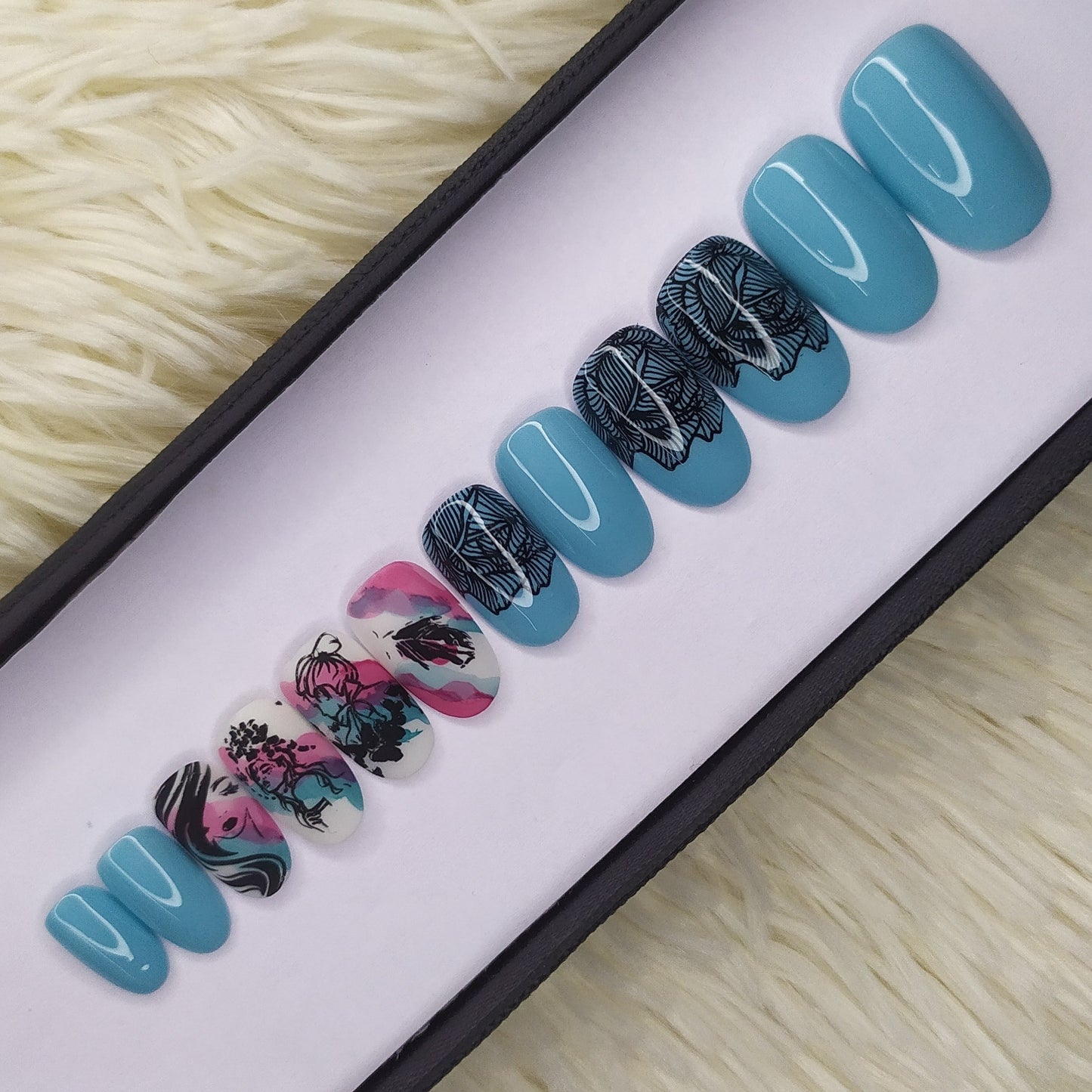 Glossy Light Blue printed Press on Nails Set 162