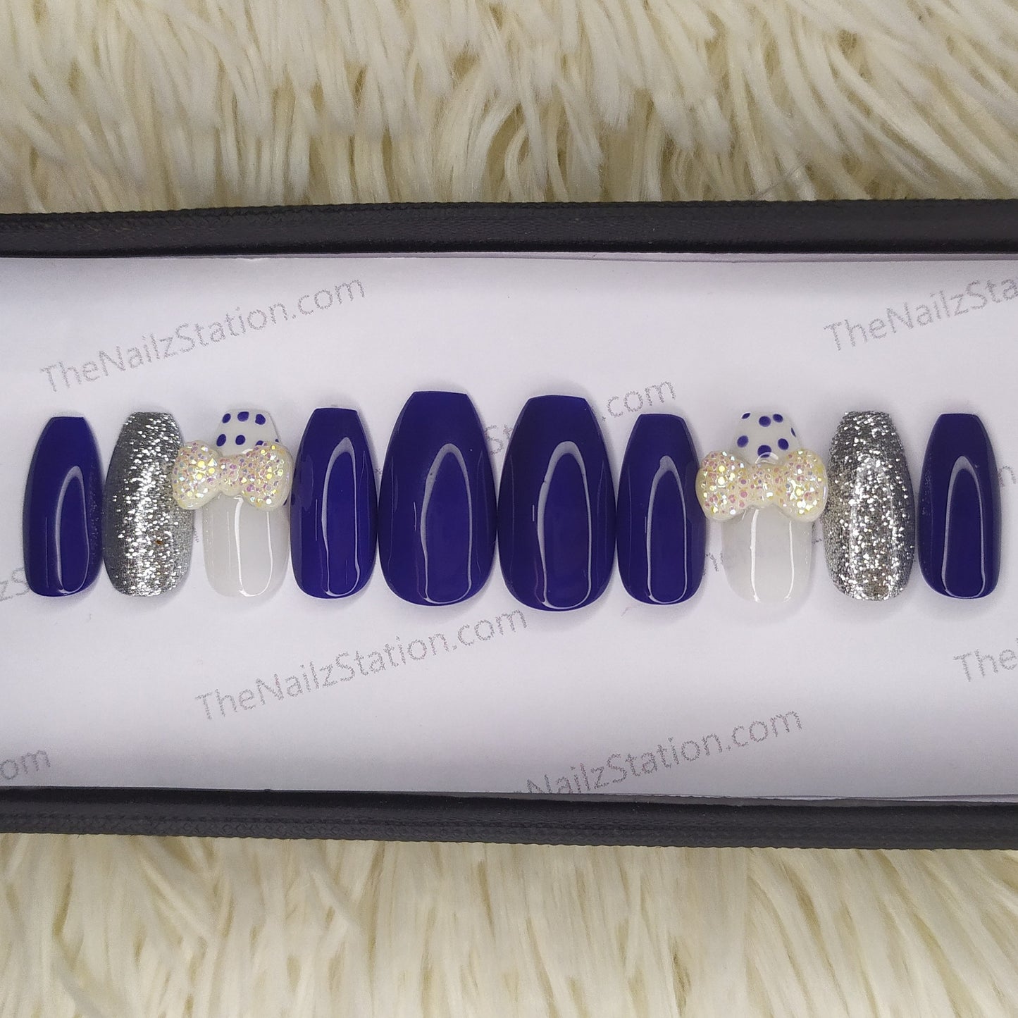 Blue and silver glitter with 3D Bow Press on Nails // 123