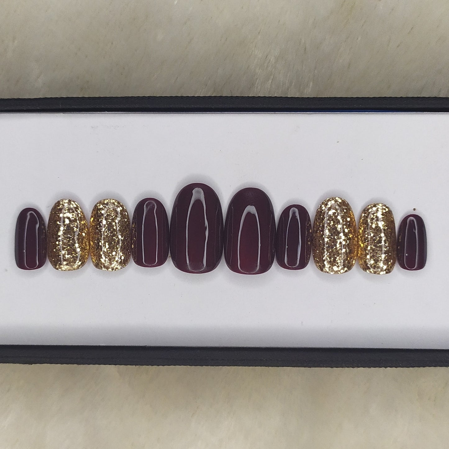 Glossy Dark Maroon Glitter Press on Nails Set