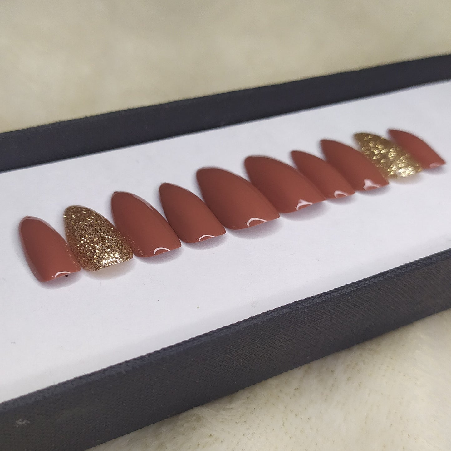 Glossy Brown with Golden Glitter Press on Nails Set