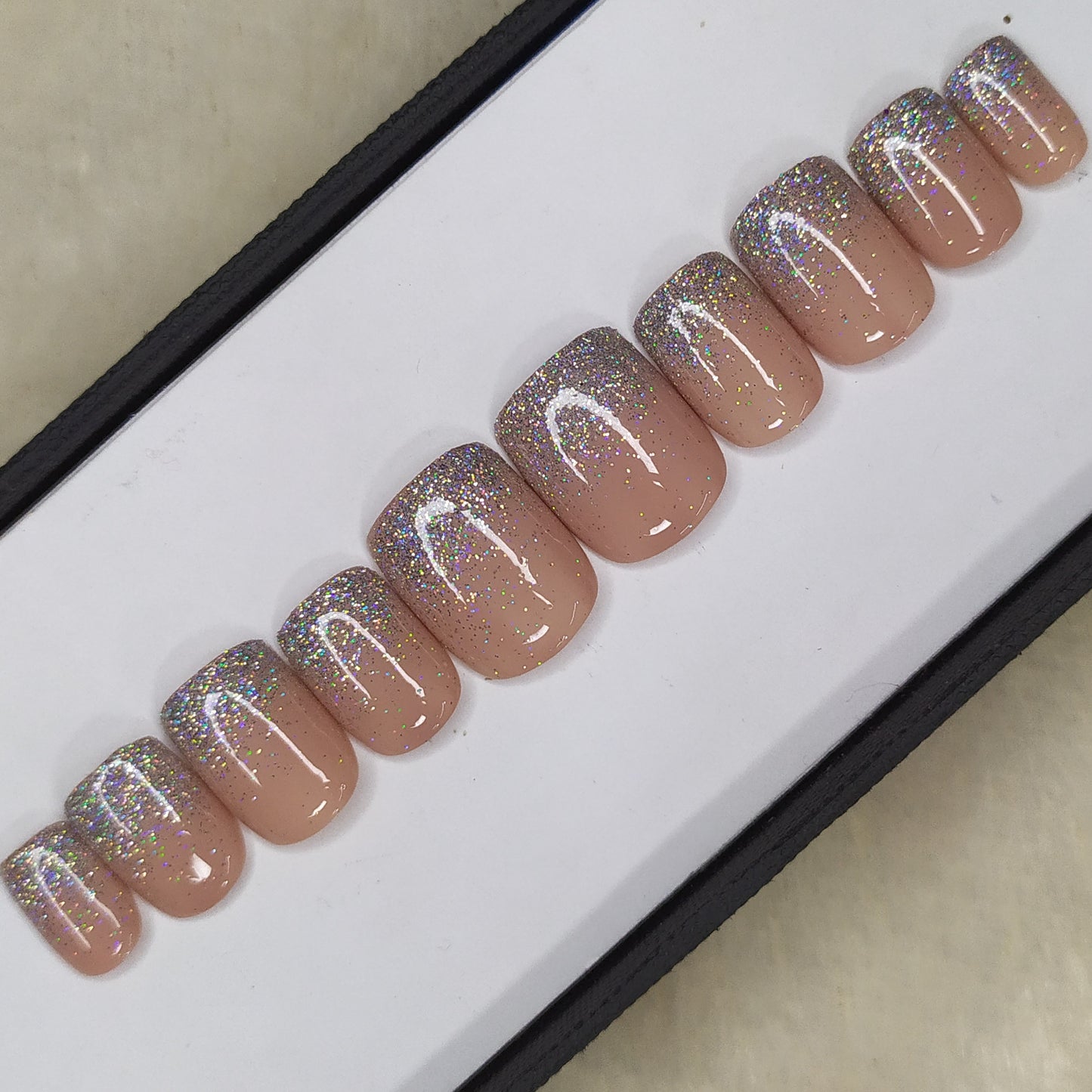 Glossy Nude Holographic Glitter Press on Nails Set // 501