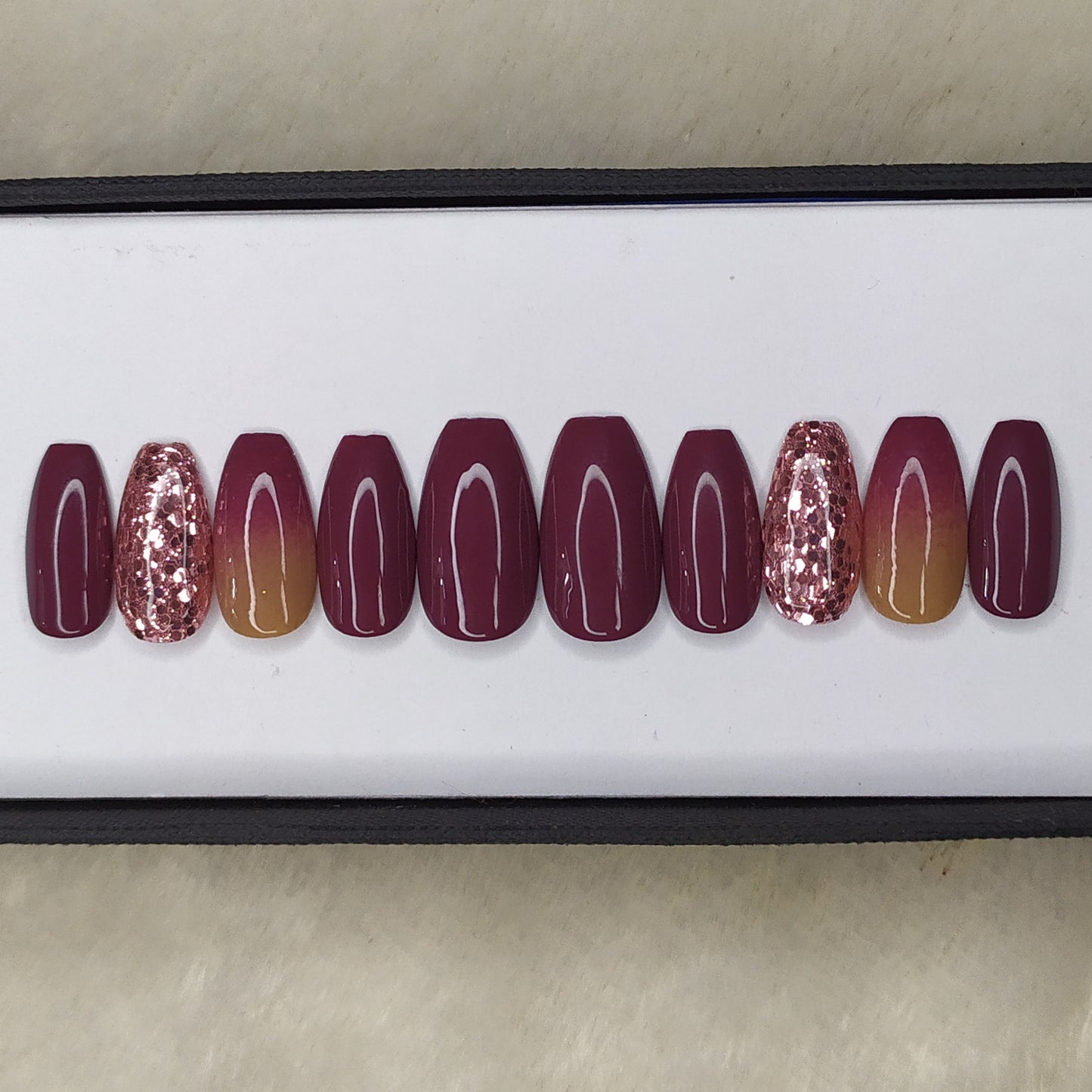 Glossy Nude Ombre with Pink Glitter Press on Nails // 139