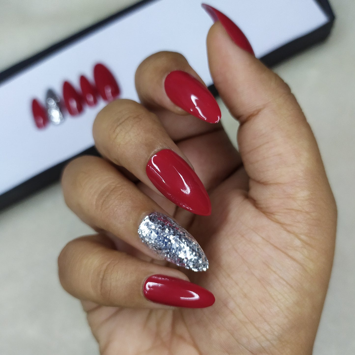 Glossy Pink with Silver glitter Press on Nails Set // 376