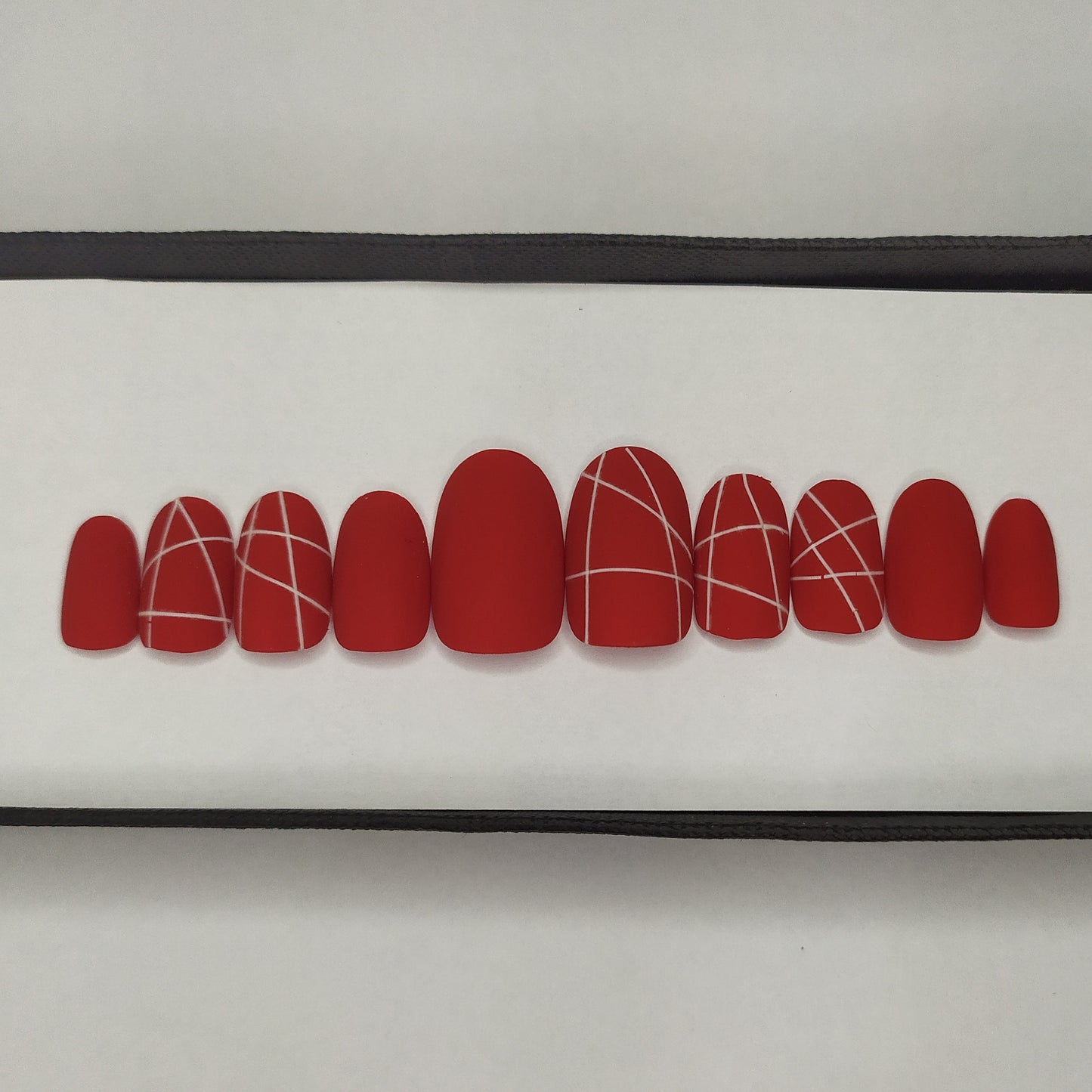 Matte Red and White Strips Press on Nails // 260