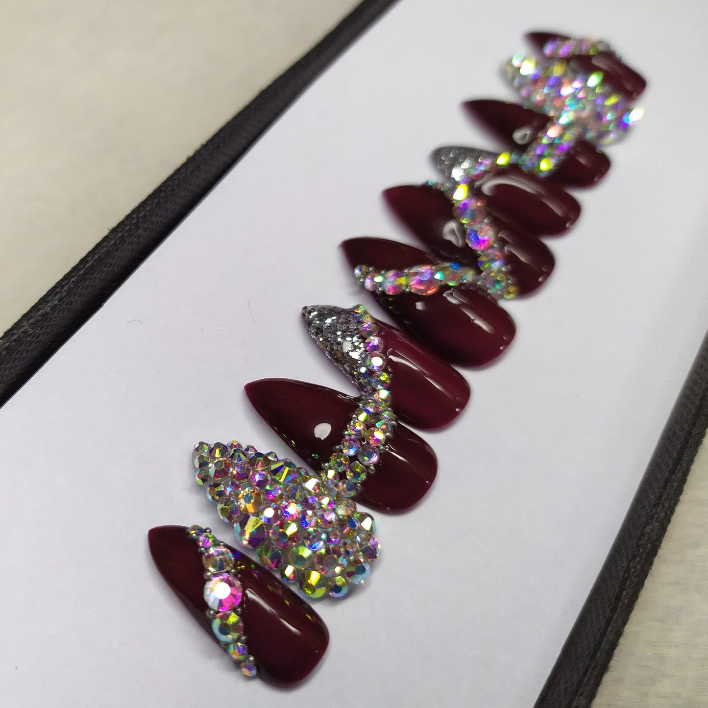 Glossy Dark Maroon Rhinestones Press on Nails Set