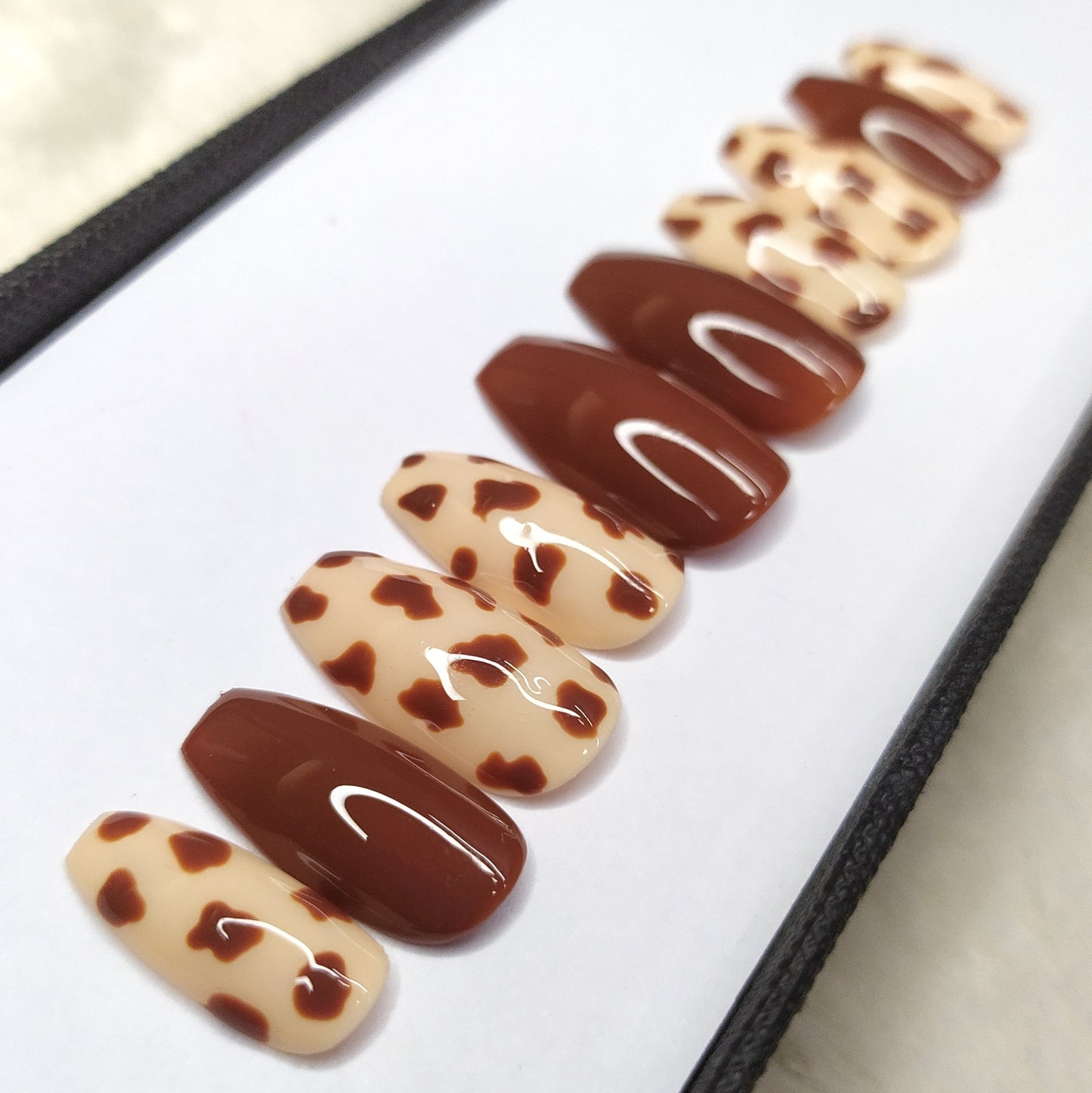 Glossy Brown Cow Print Press on Nails Set // 543