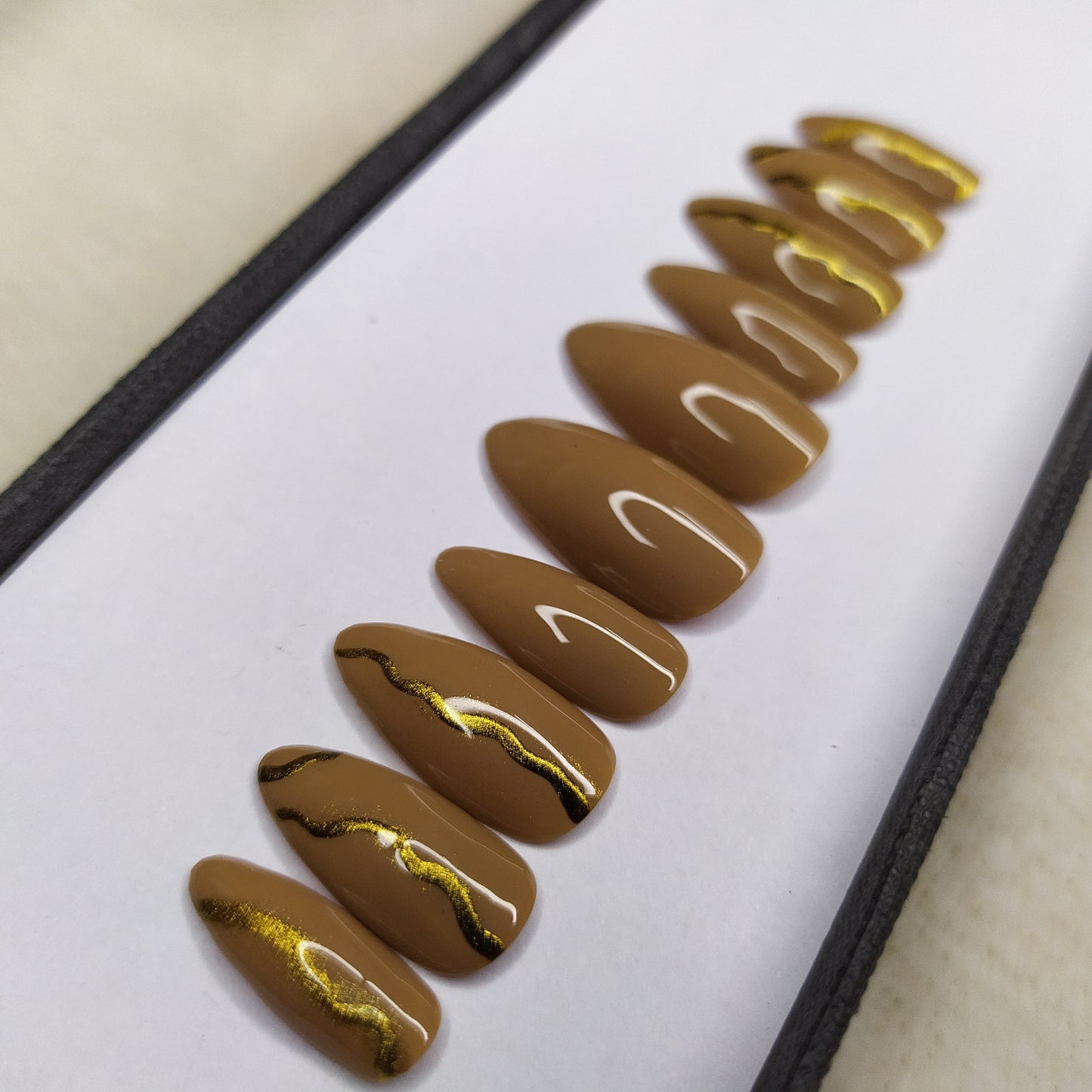 Glossy Brown Metallic Swirls Print Press on Nails / Fake Nails / Artificial Nails Set // 582