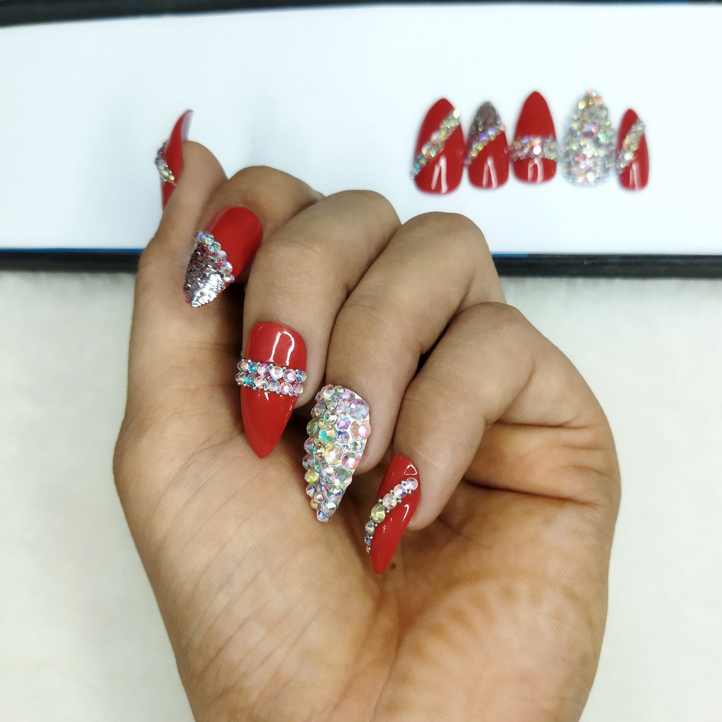 Glossy Red Studded Glitter Press on Nails Set // 578
