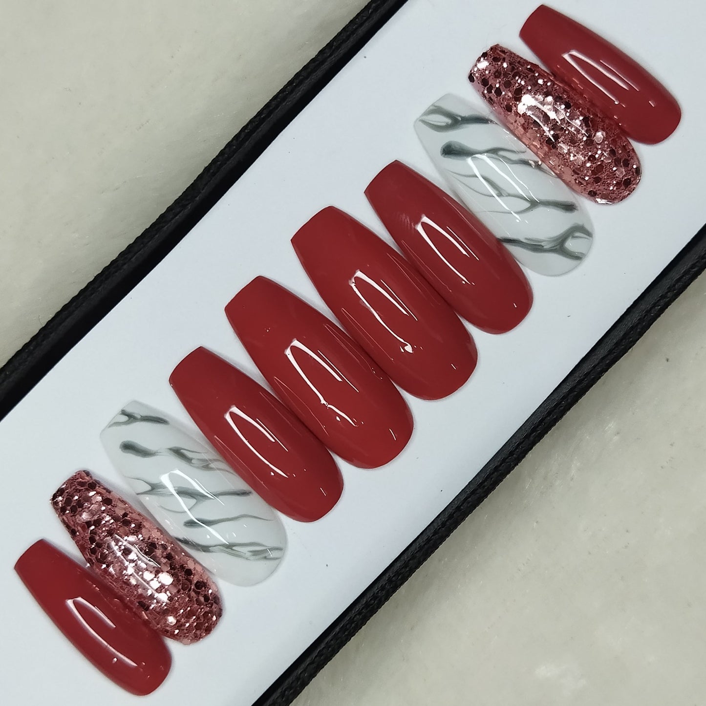 Glossy Dark Nude with marble and glitter Press on Nails Set // 281