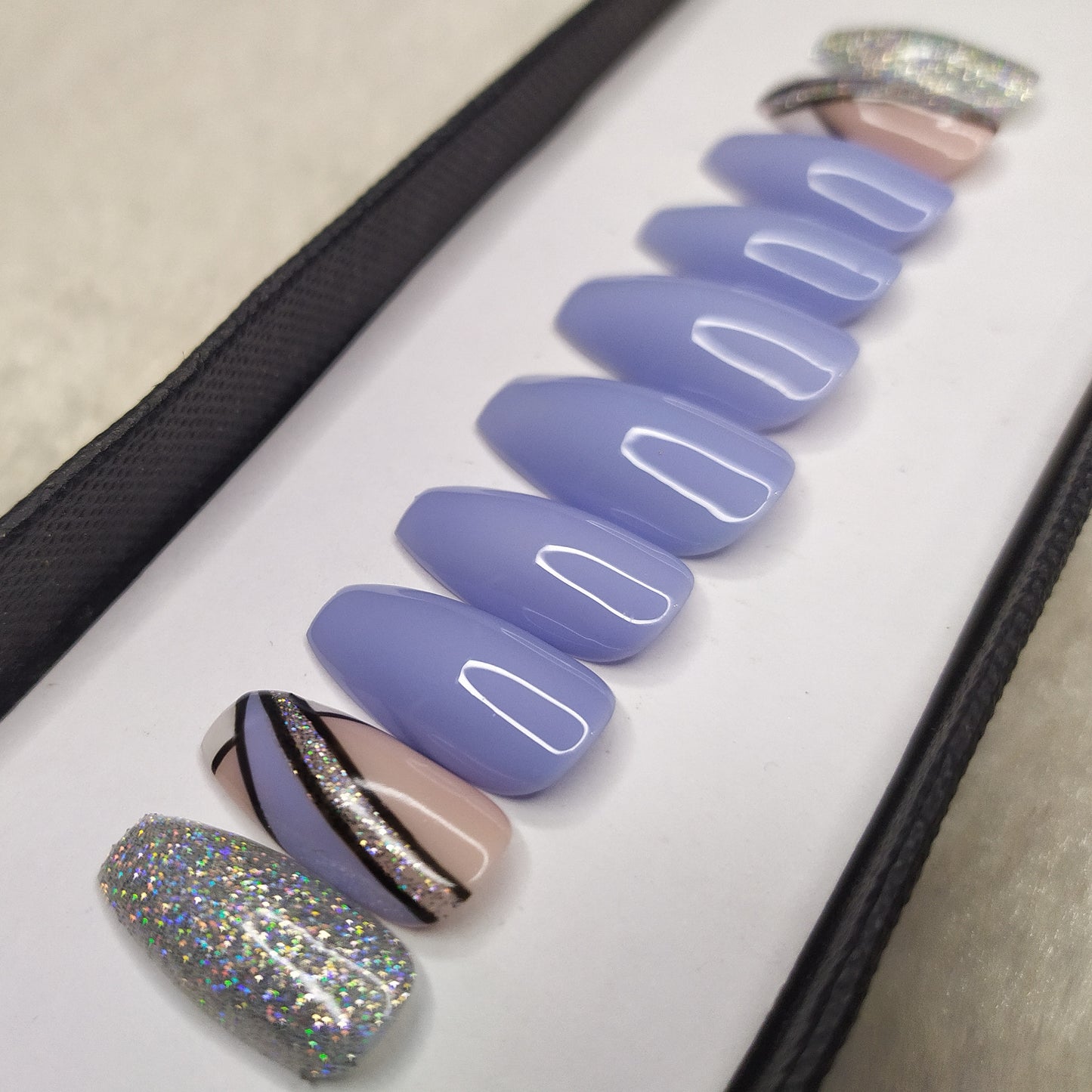 Glossy Blue Glitter Lines Print Press on Nails Set //882