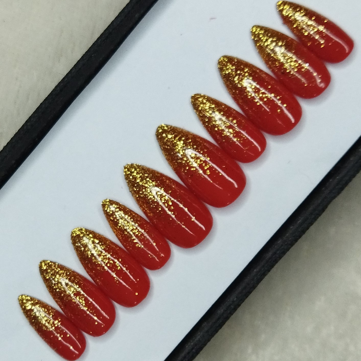 Glossy Red Glitter Ombre Print Press on Nails Set // 746