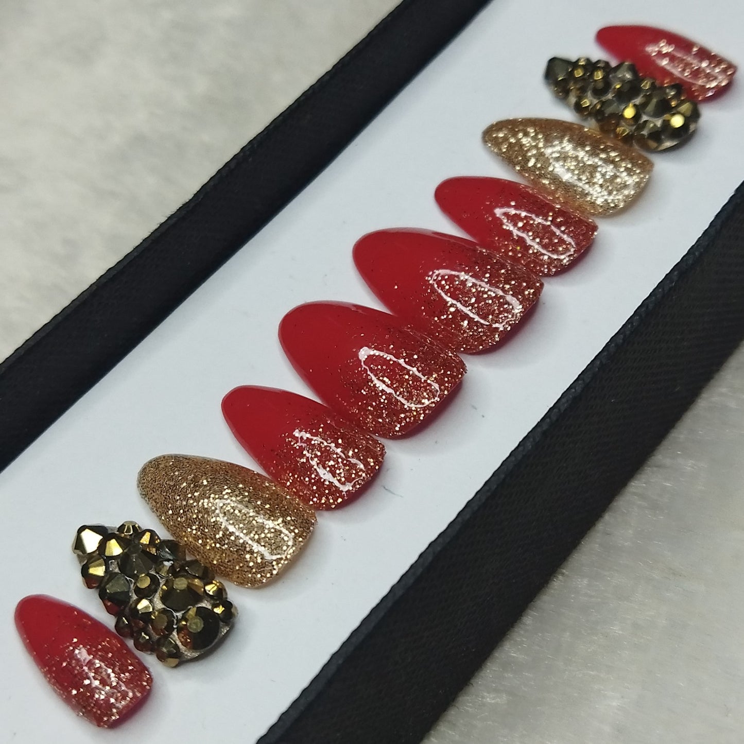 Glossy Red Glitter Rhinestone Print Press on Nails Set // 749