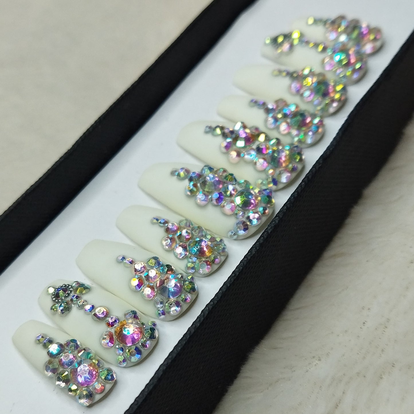 Matte White Rhinestone Print Press on Nails Set // 779