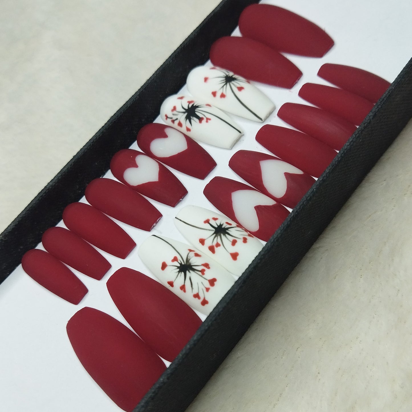 Valentine Collection: Matte Maroon Dandelion Hearts Press on Nails Set // 735