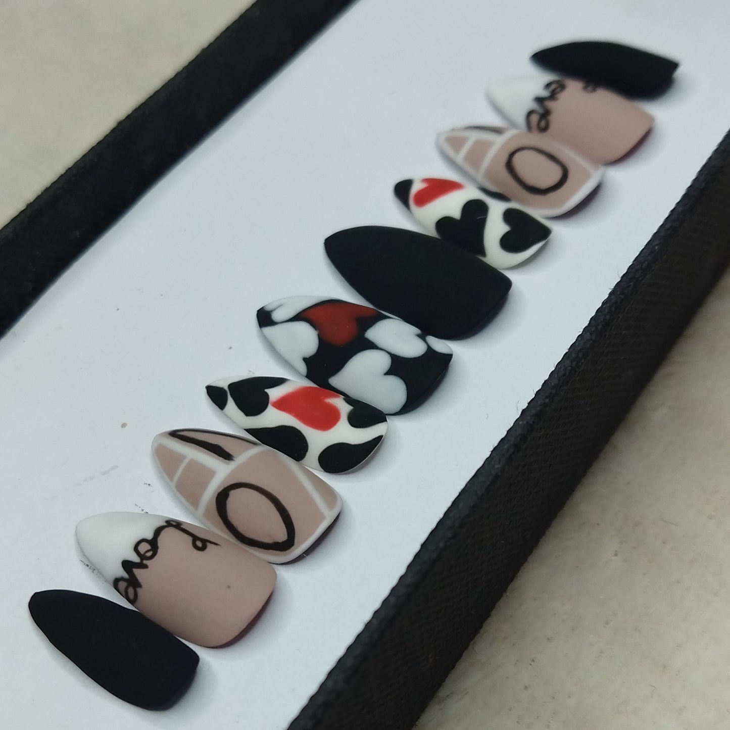 Valentine Collection: Matte Black & White Heart Press on Nails Set // 732