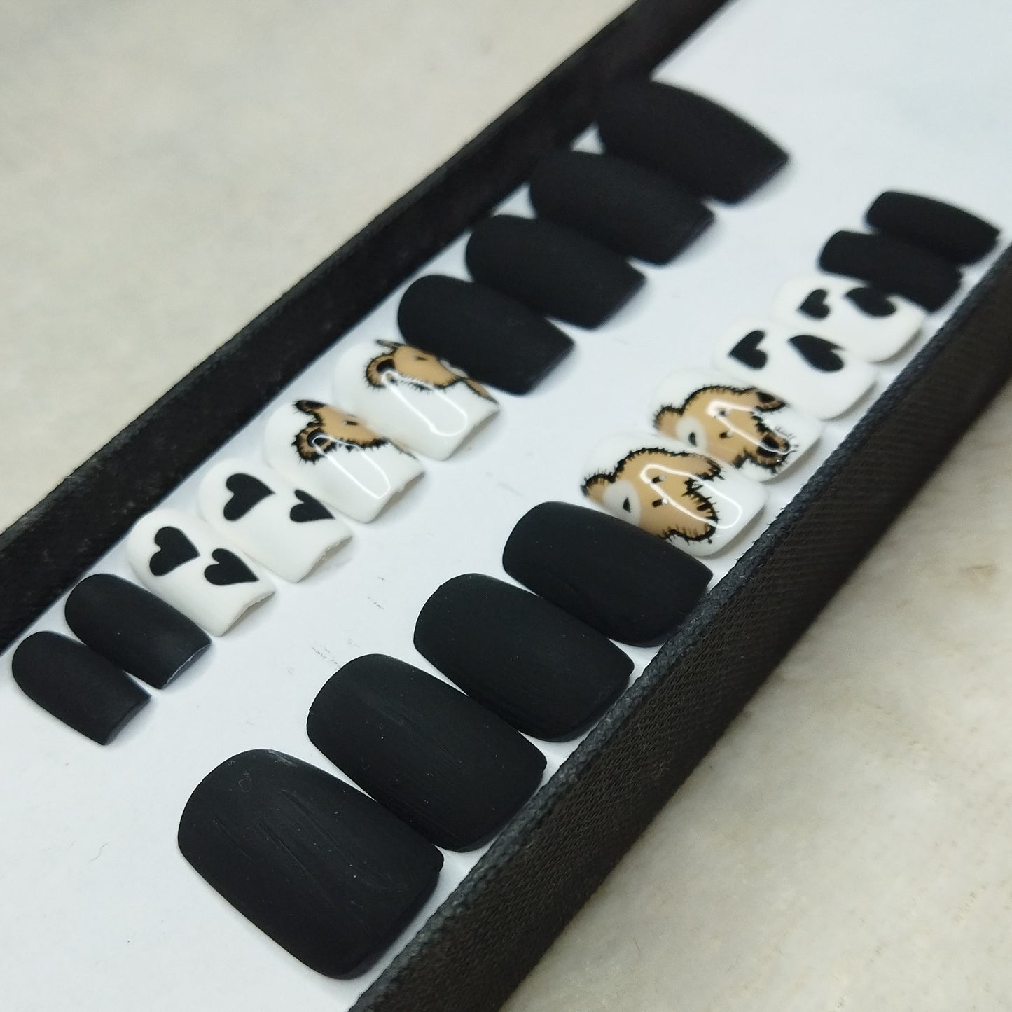Valentine Collection: Matte Black Cute Teddy Bear Press on Nails Set // 730
