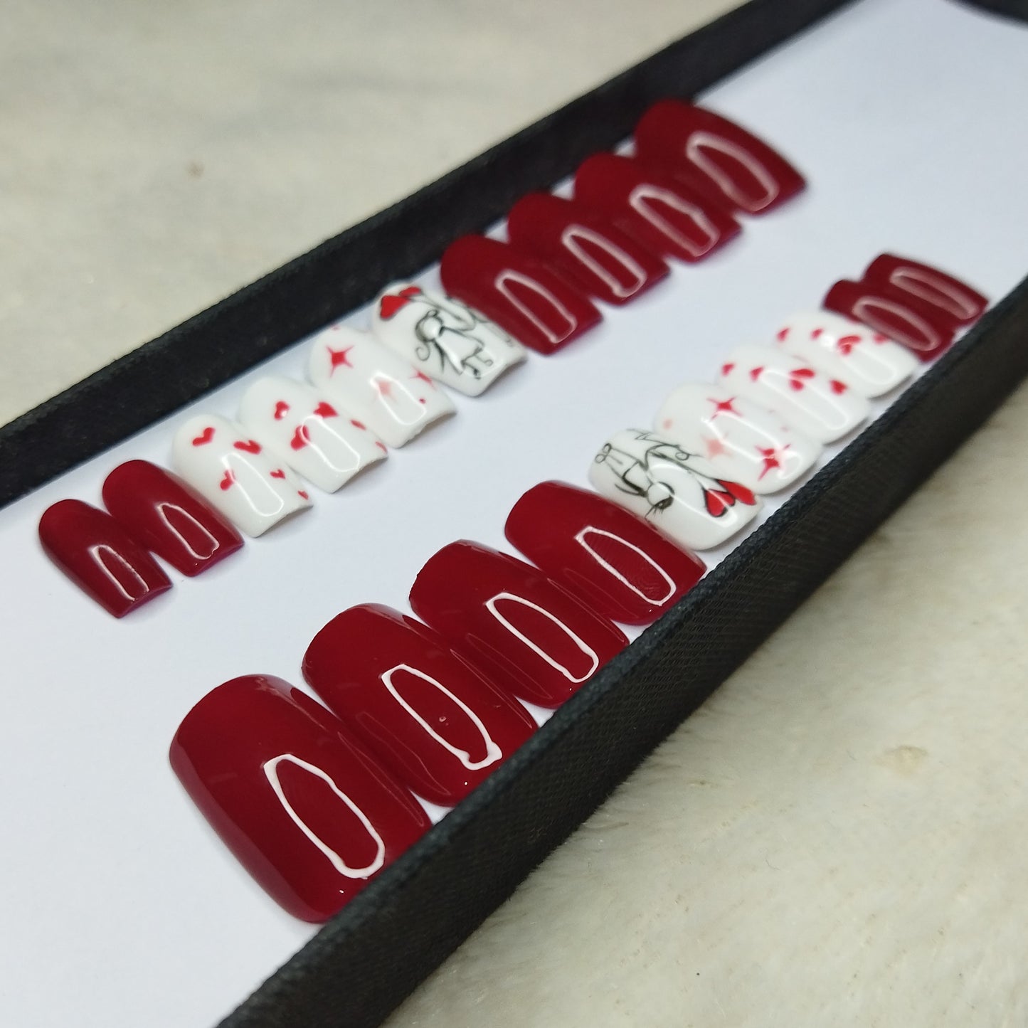 Valentine Collection: Glossy Red Cute Couple Press on Nails Set // 739