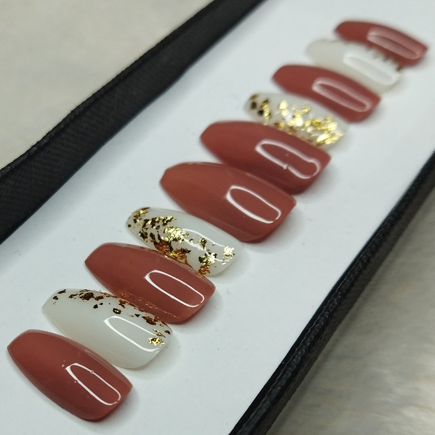 Glossy Nude Golden Foil Print Press on Nails Set // 794