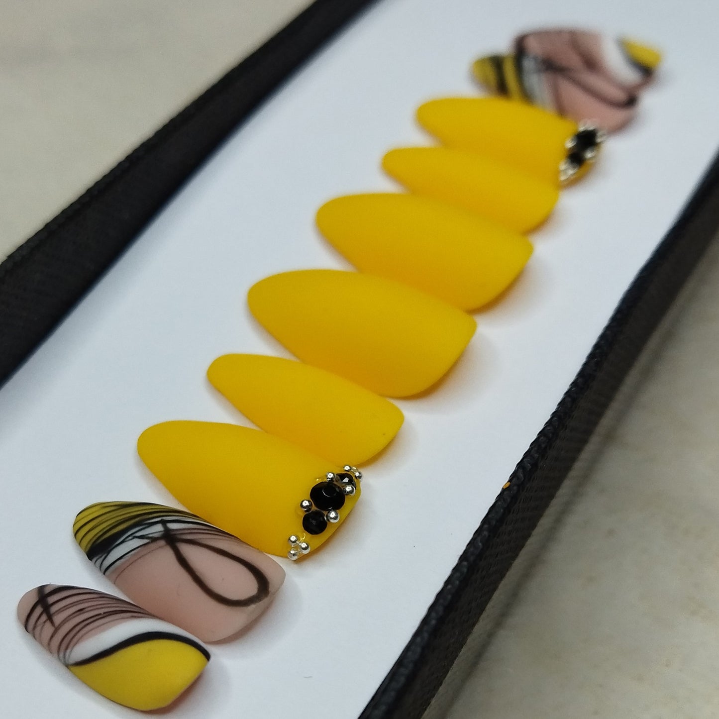 Matte Yellow Black Abstract Print Press on Nails Set // 846