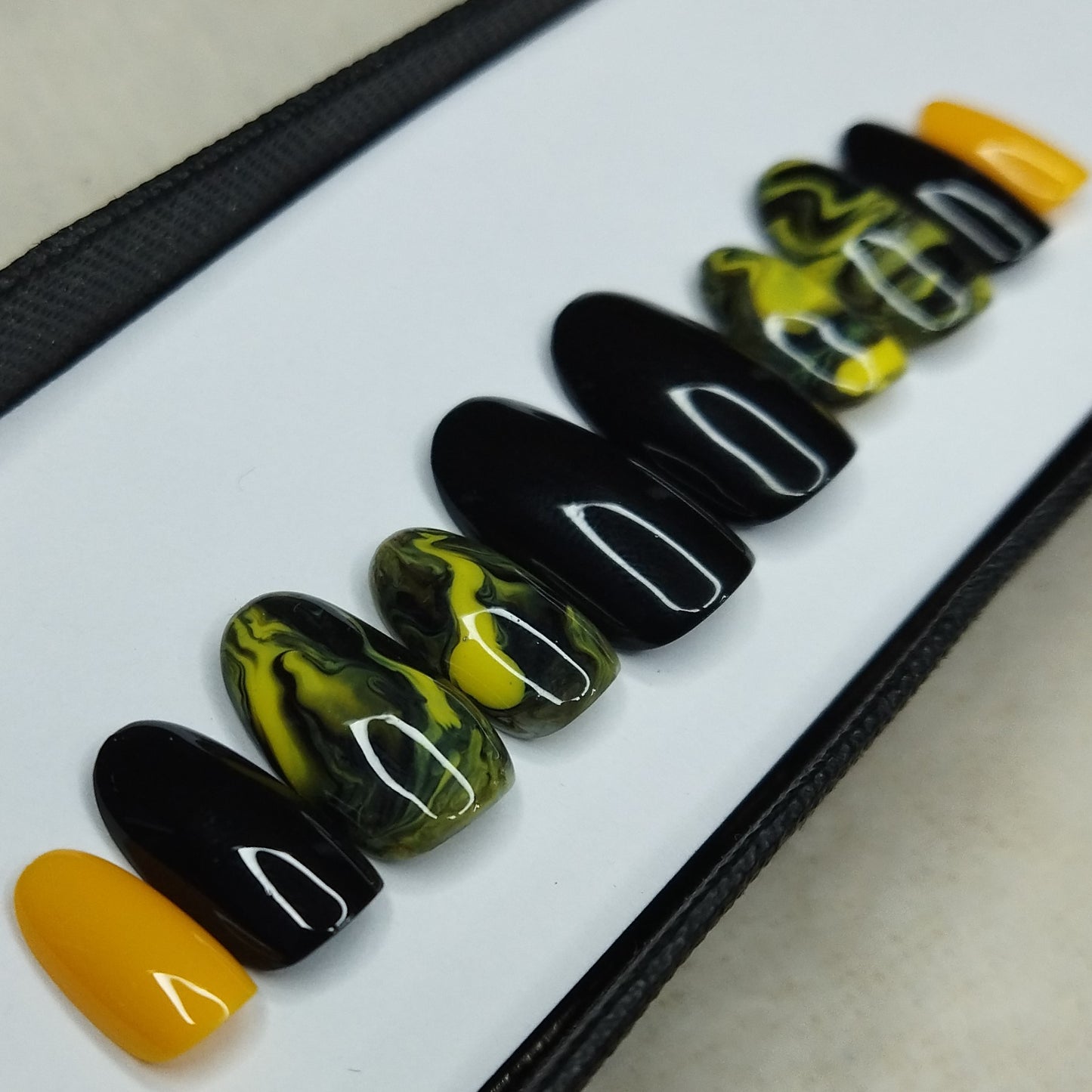 Glossy Yellow & Black Marble Print Press on Nails Set // 844