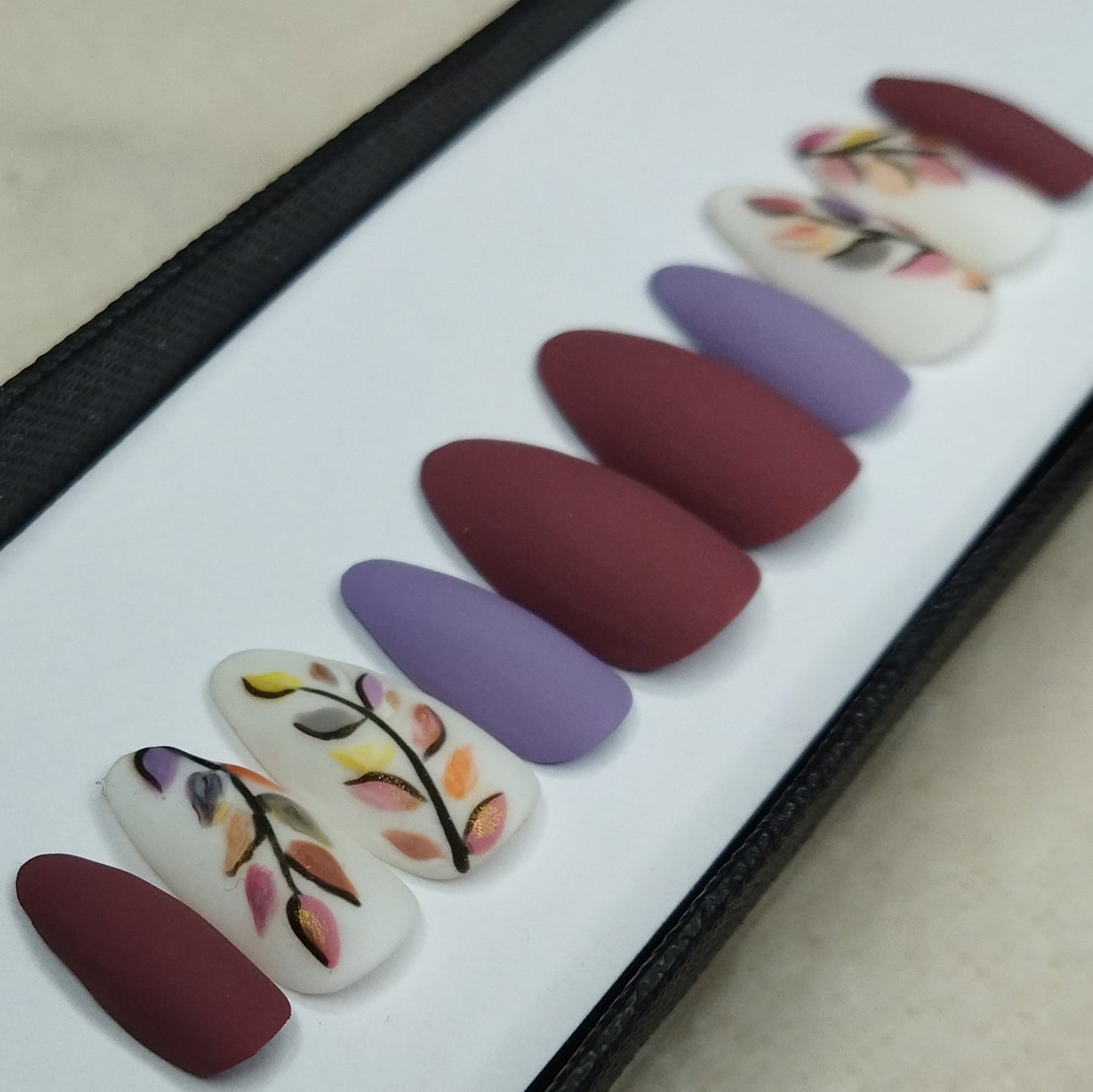 Matte Colorful Leaves Print Press on Nails Set // 876