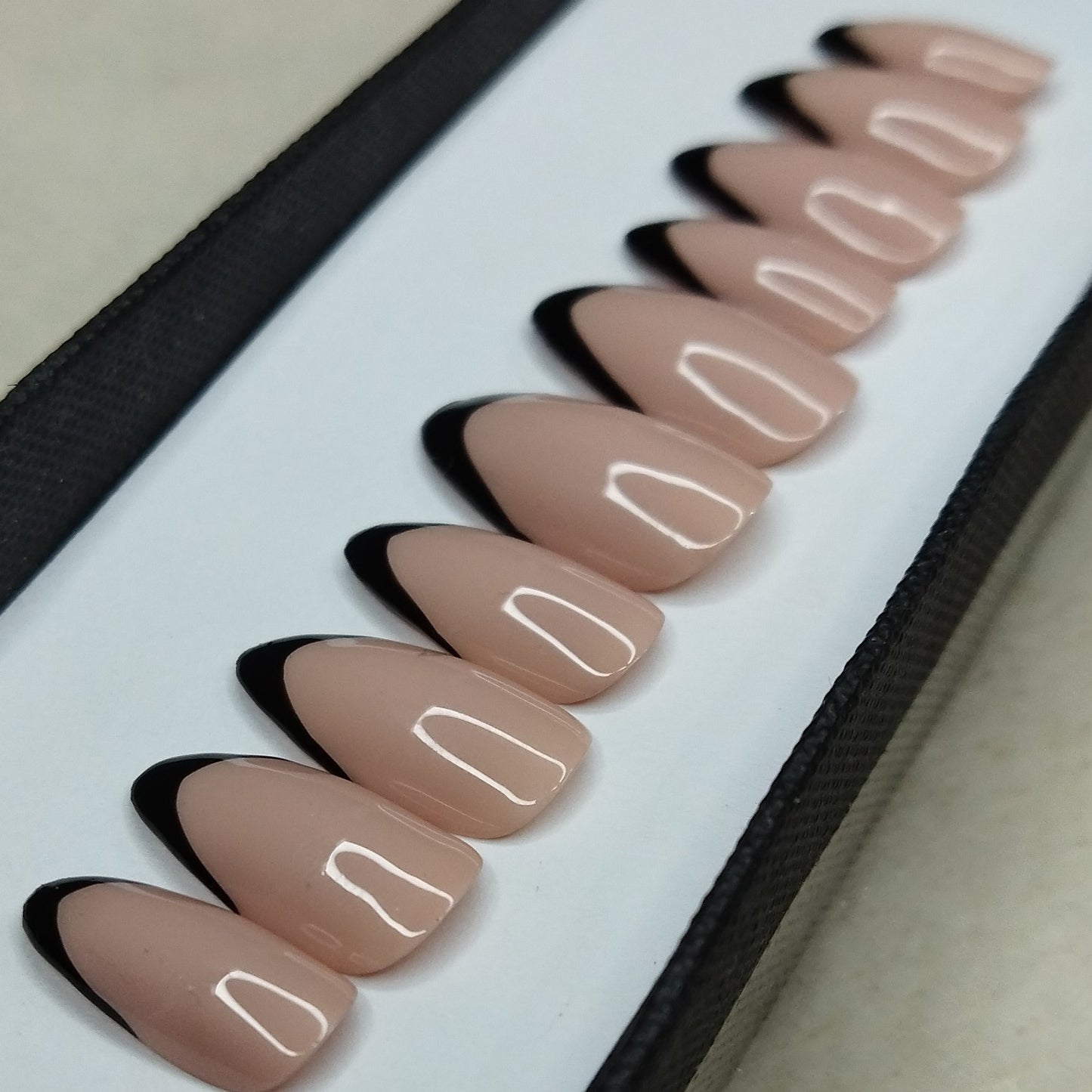 Glossy Black Nude French Print Press on Nails Set