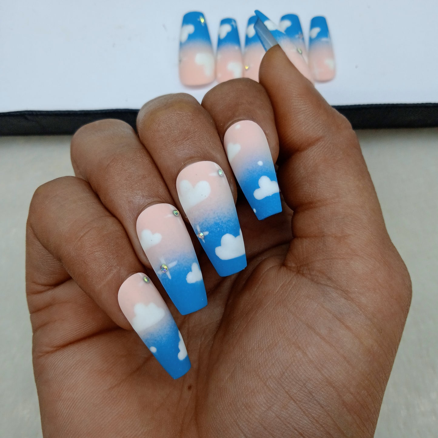 Matte Light Pink And Blue Cloud Ombre Print Press on Nails Set //927