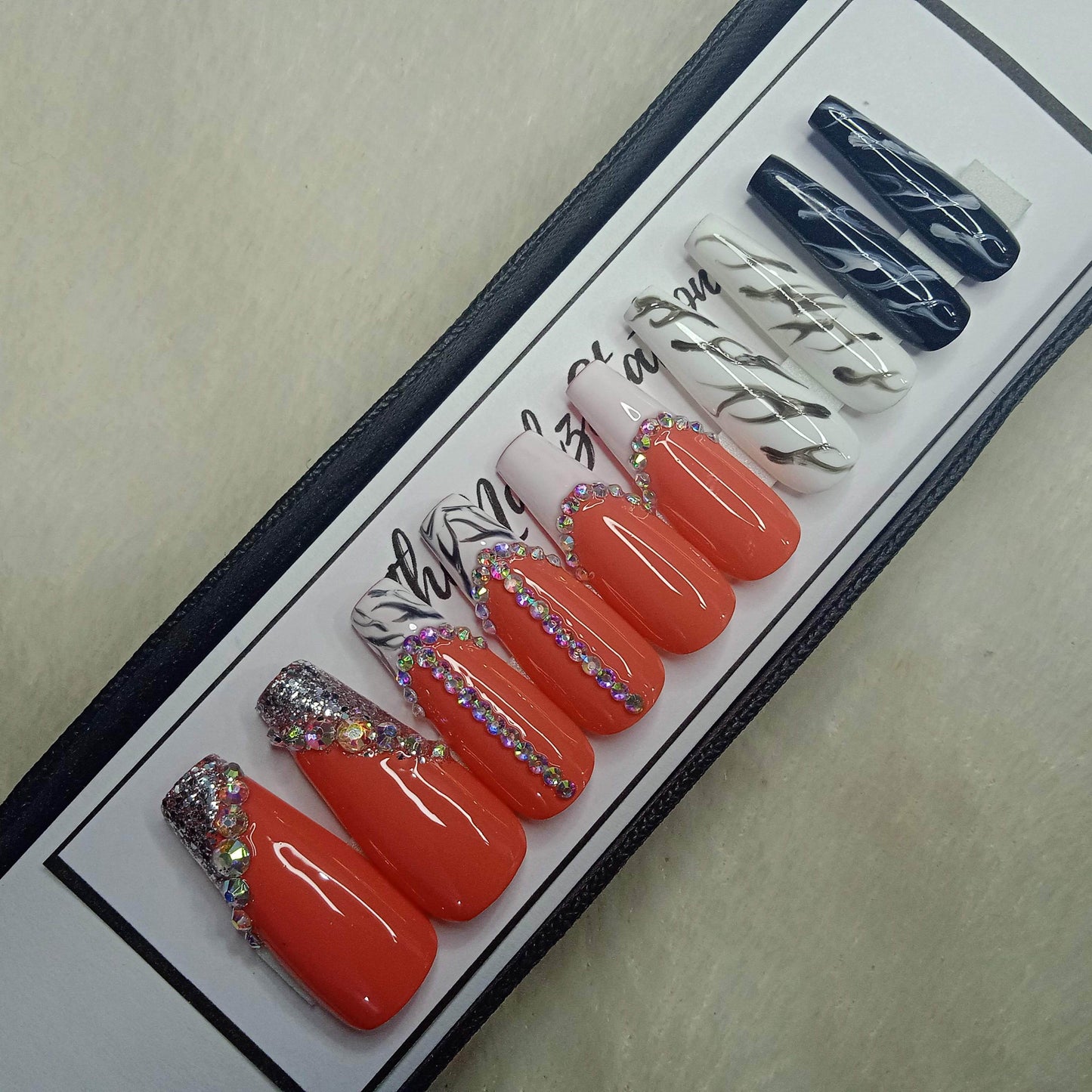 Pink with Rhinestones and B&W marble Press on Nails Set // 241