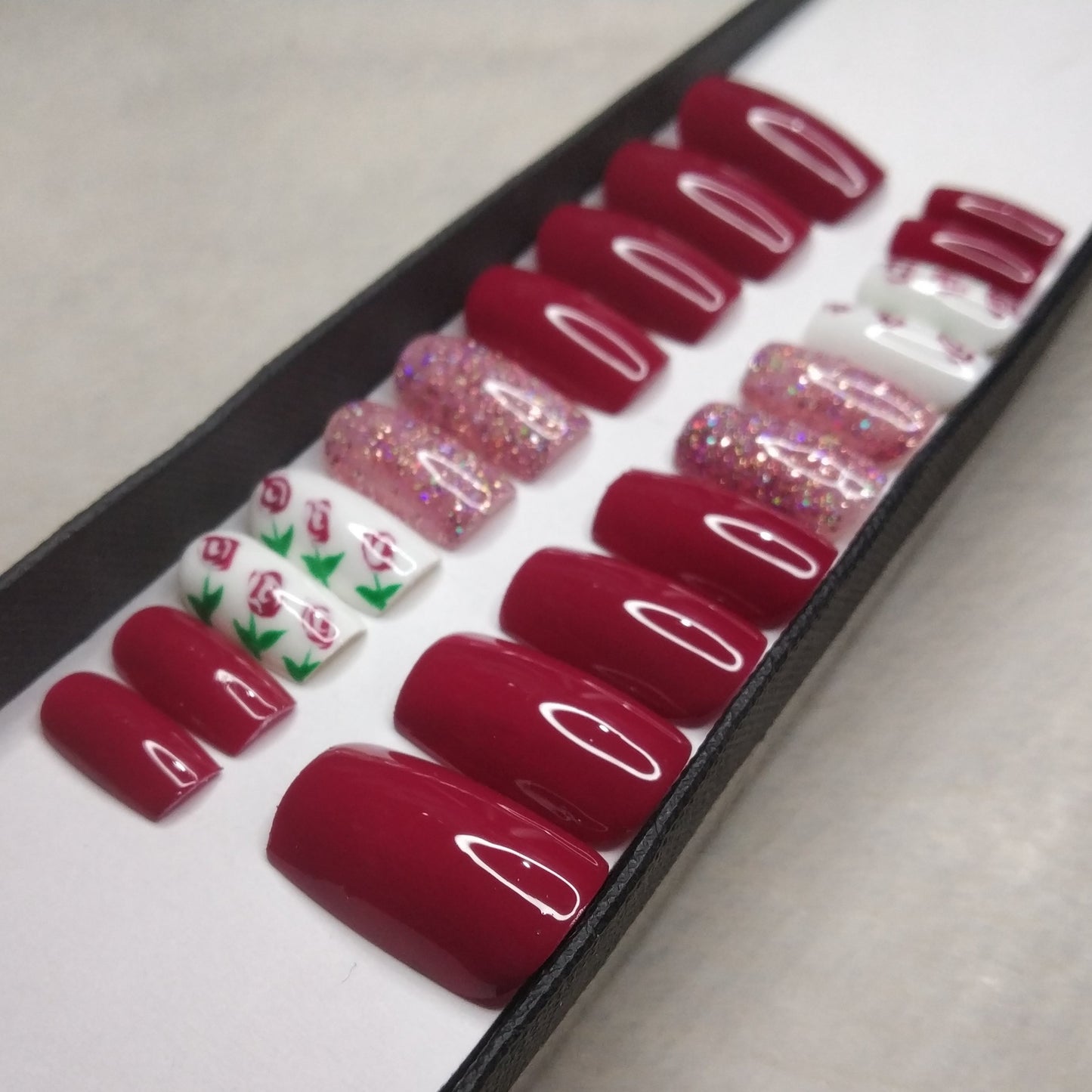 Glossy Pink Rose Floral Press on Nails Set /949