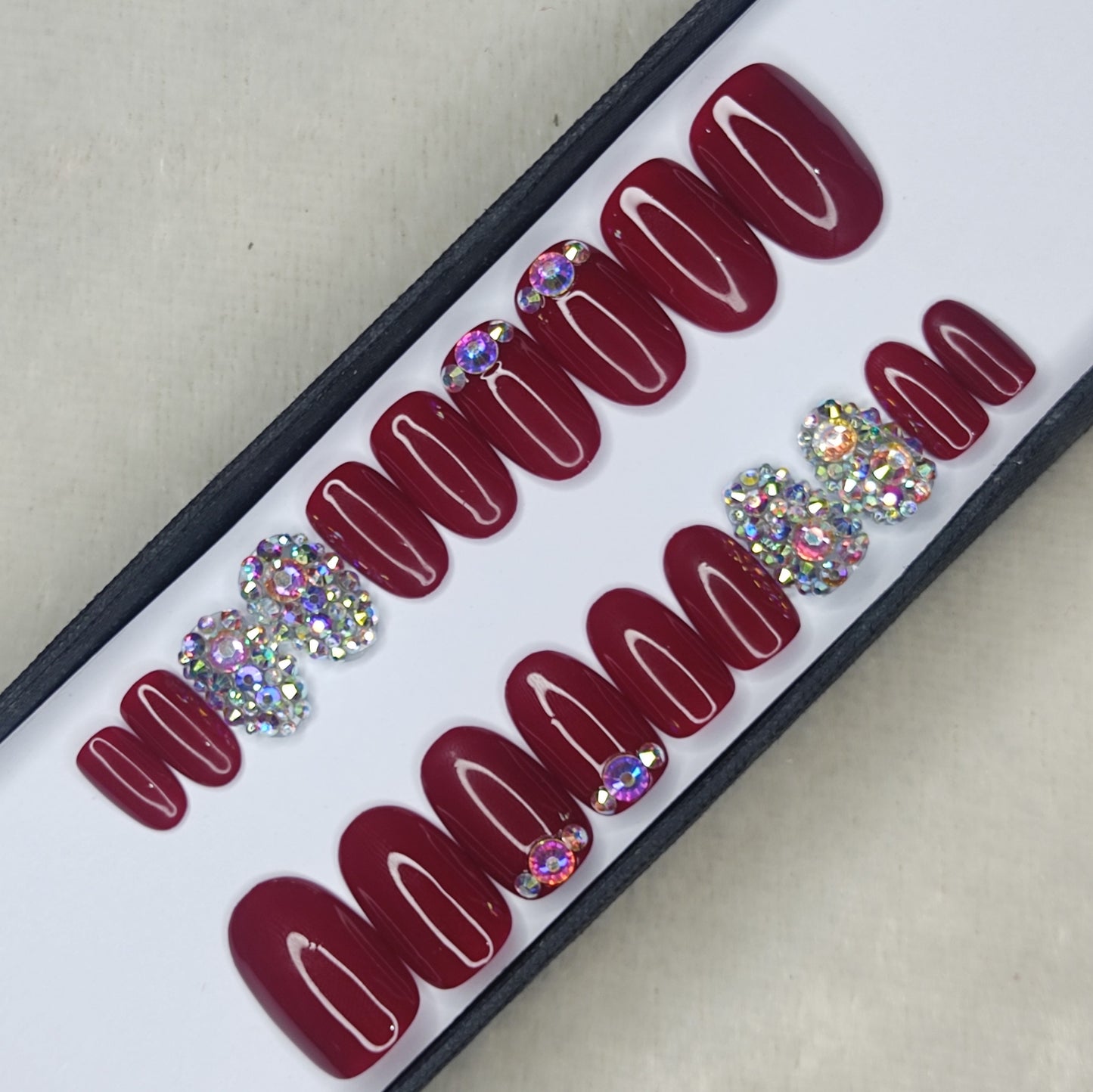 Glossy Maroon with Rhinestones Press on Nails Set /1000