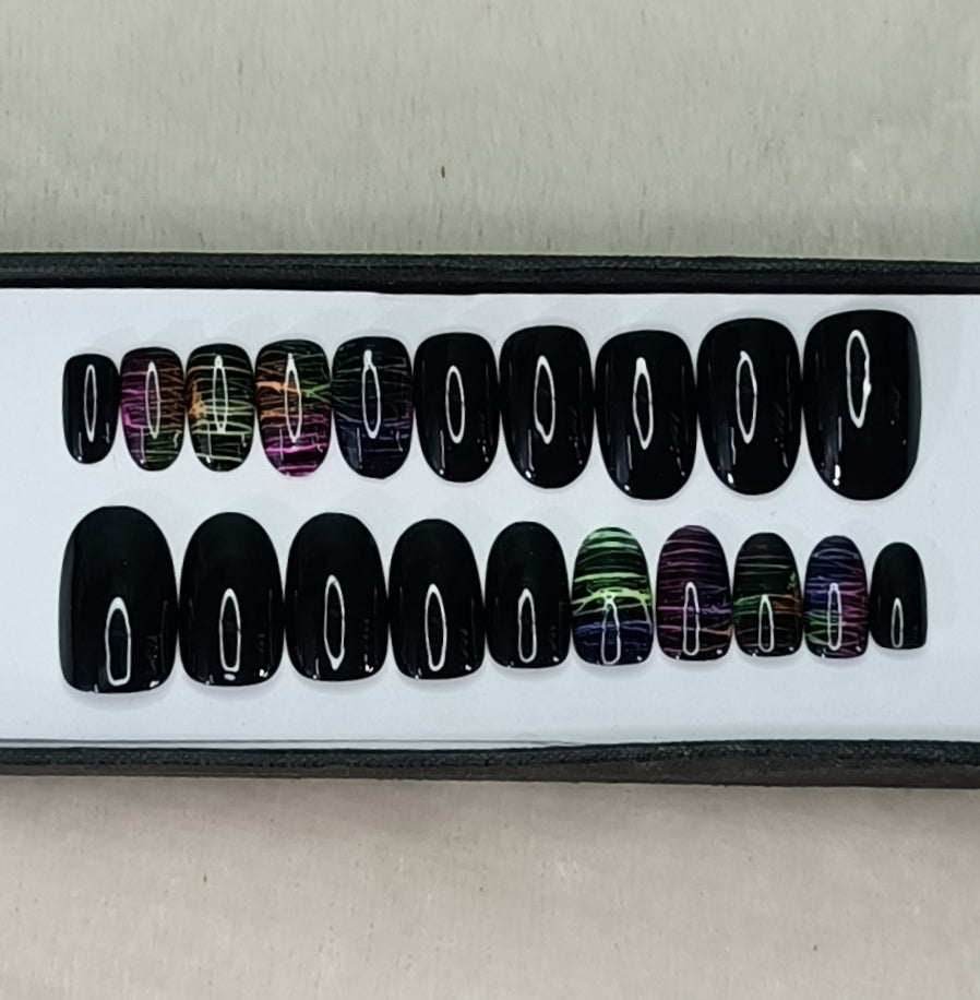 Glossy Black Neon Lines Press on Nails Set
