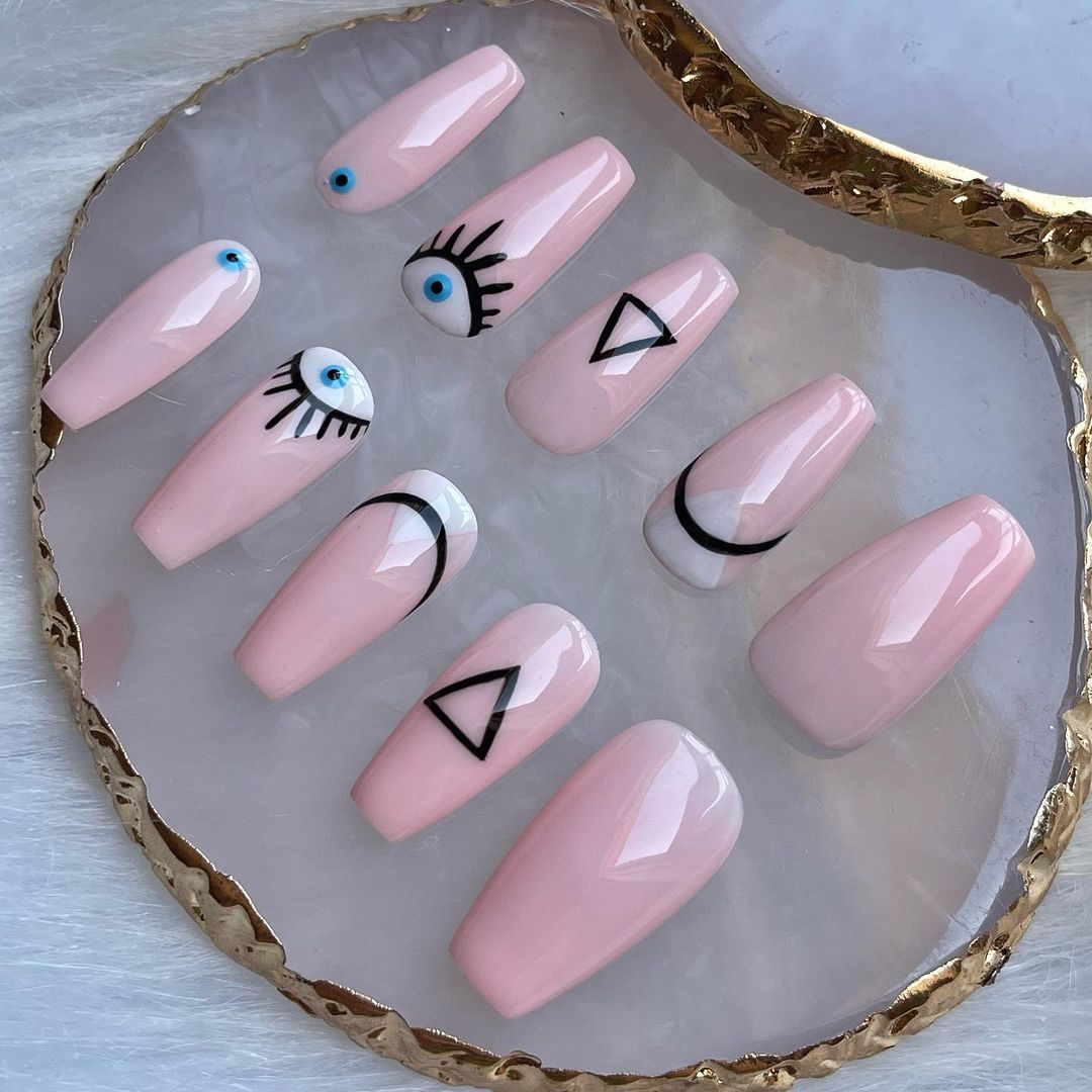 Glossy Pink Geometric Press on Fake Nails // tns404