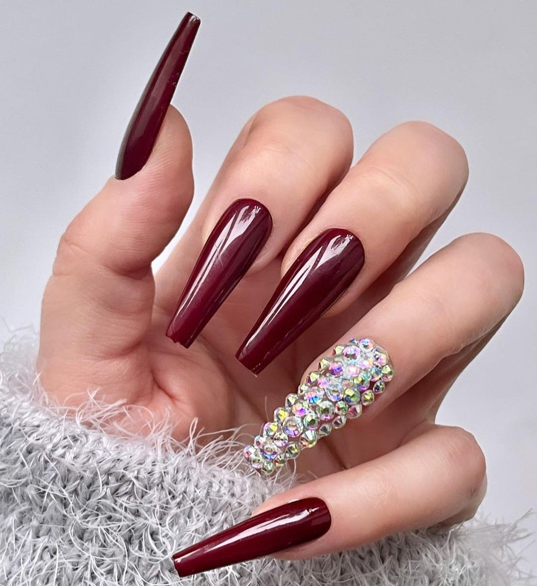 Glossy Maroon Studded Press on Fake Nails // tns430