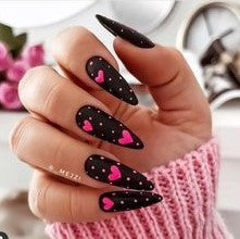 Glossy Black Pink Hearts Press on Fake Nails // tns701
