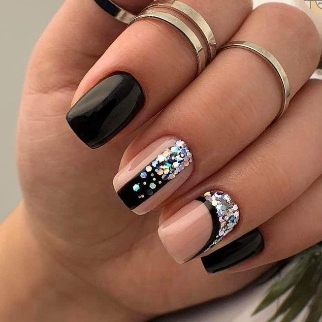 Glossy Black Silver Glitter Press on Fake Nails // tns469