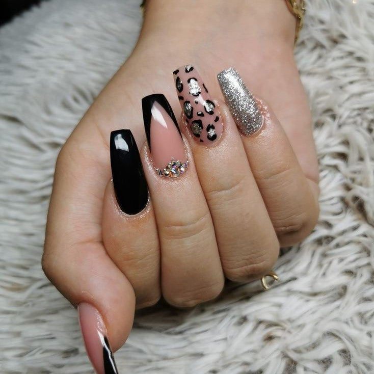 Glossy Black Studded French Press on Fake Nails // tns443