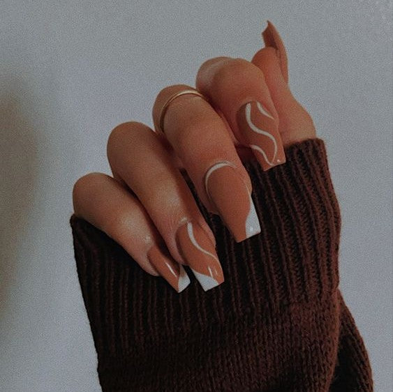 Glossy Brown Swirls Press on Fake Nails // tns244